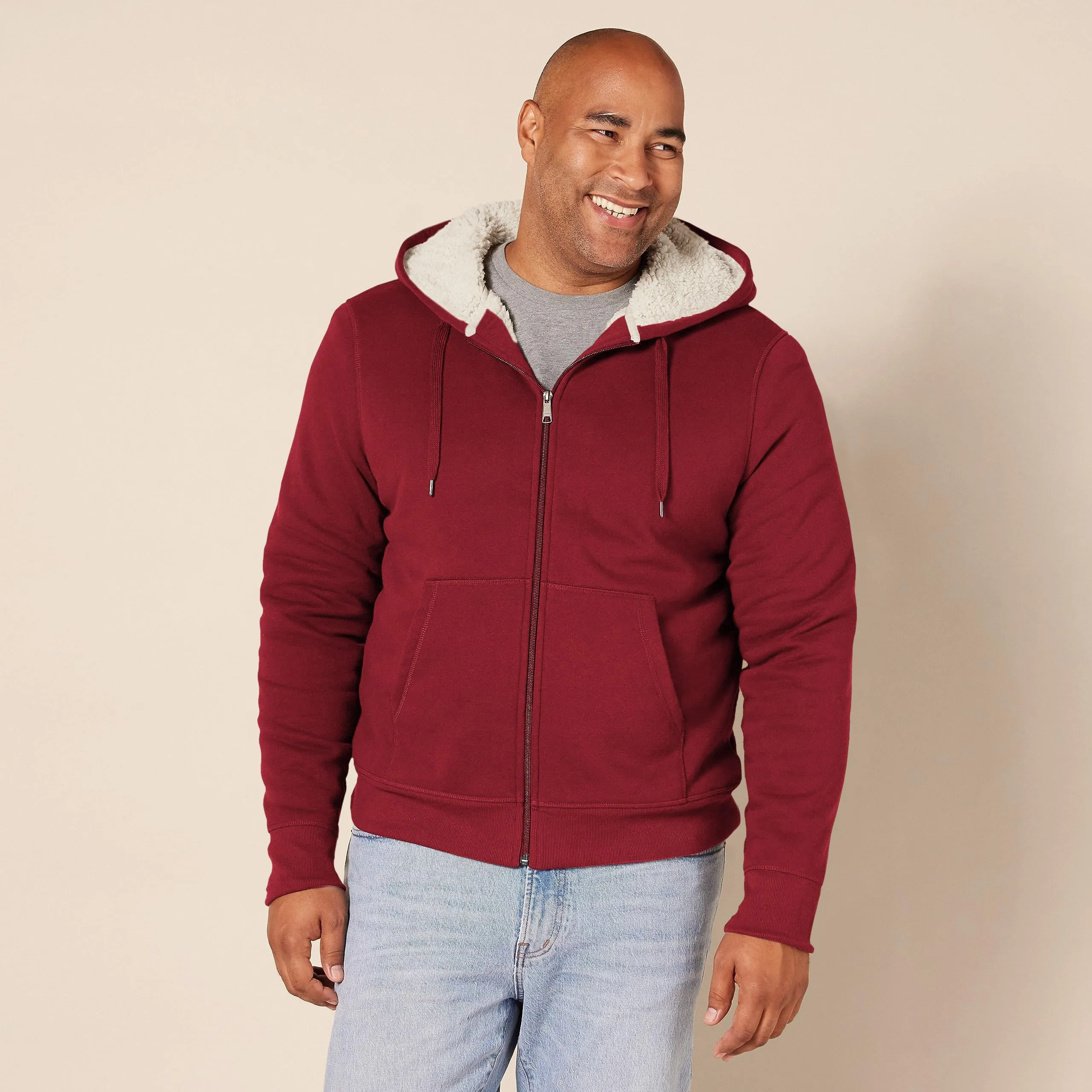 Amazon Essentials Felpa con Cappuccio e Cerniera Integrale in Pile Foderata in Sherpa Uomo, Rosso, XL - immagine 5