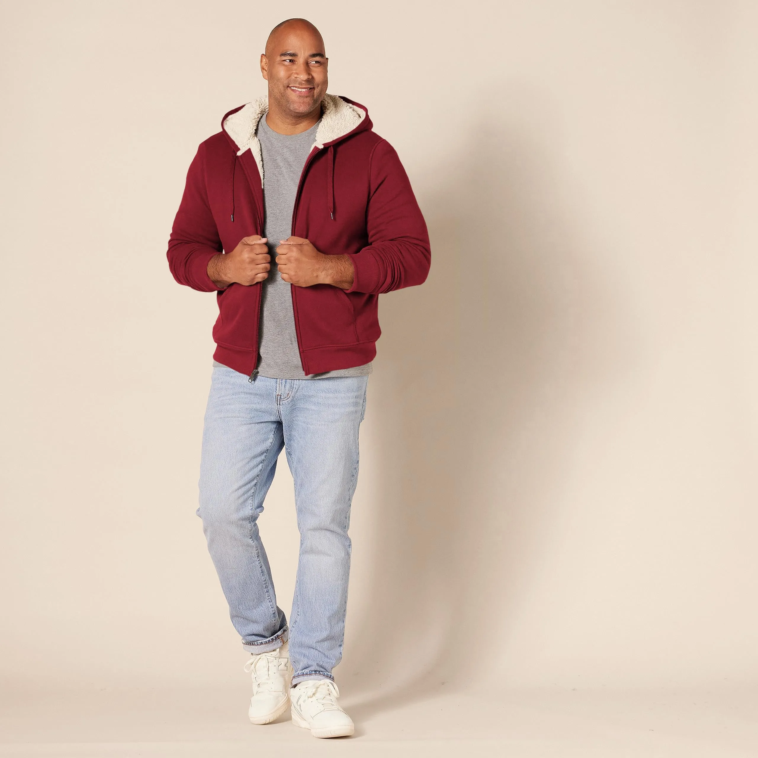 Amazon Essentials Felpa con Cappuccio e Cerniera Integrale in Pile Foderata in Sherpa Uomo, Rosso, M - immagine 7