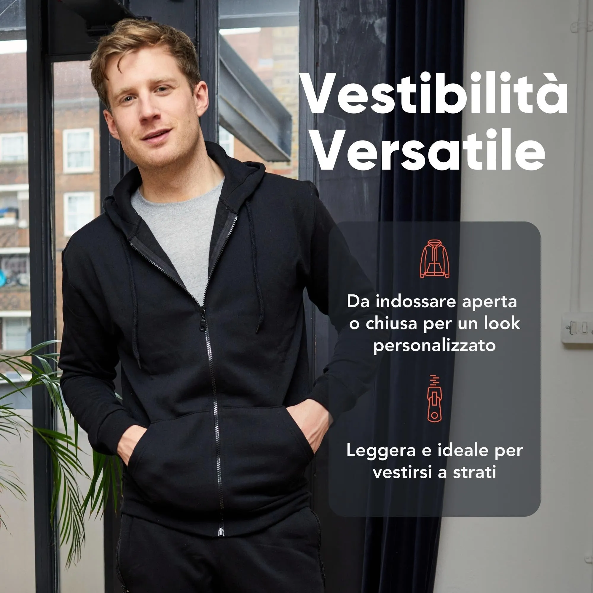 FM London Felpa da Uomo con Cappuccio e Zip, Nero, M - immagine 5
