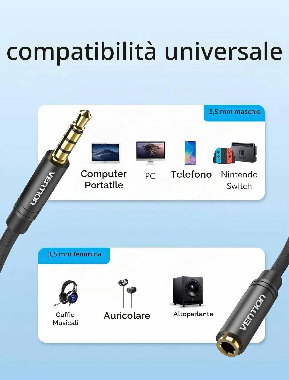 VENTION Prolunga Cuffie Jack 3,5mm Cavo Audio Stereo Maschio a Femmina 0.5m - immagine 6