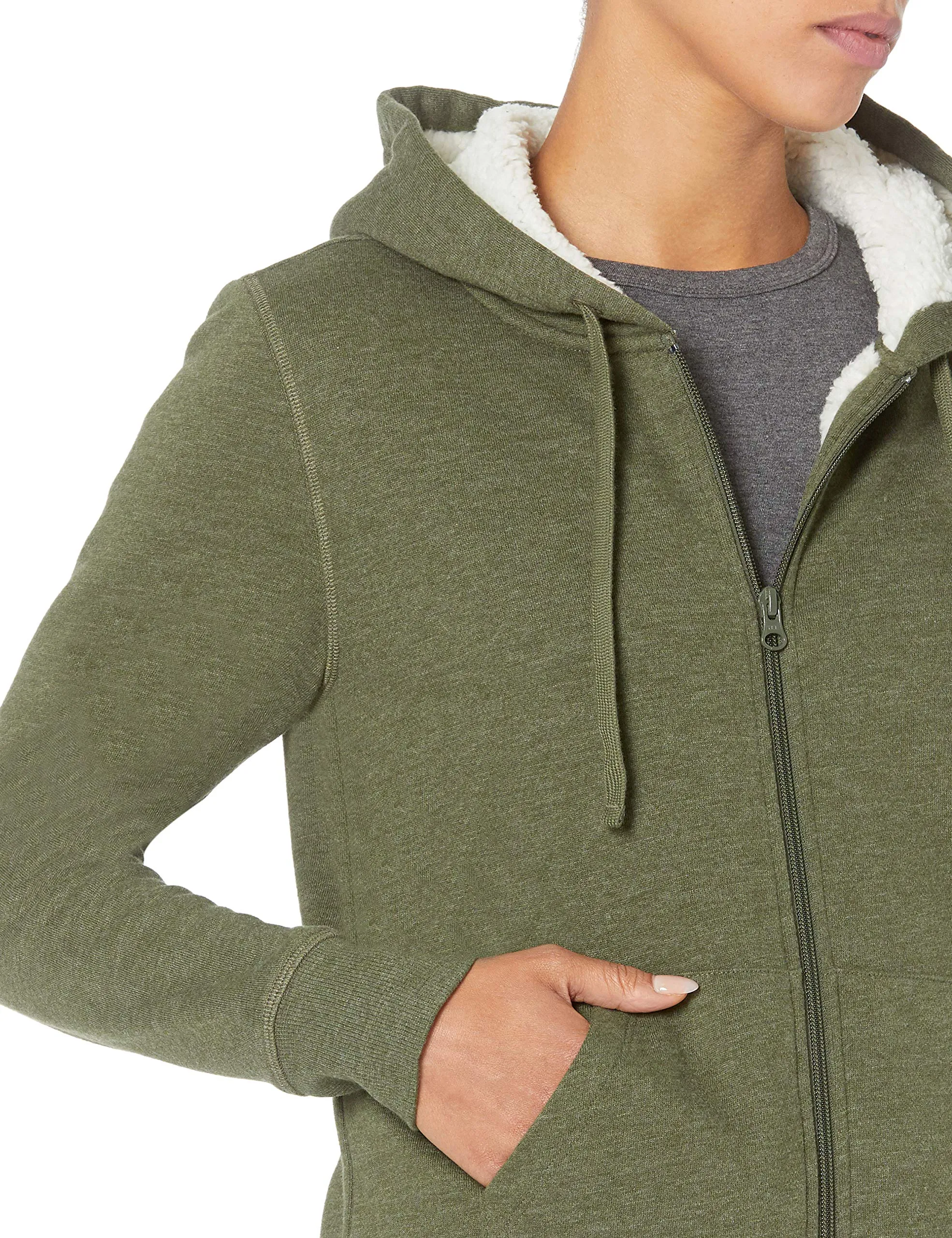 Amazon Essentials Giacca con Cappuccio in Pile Foderata in Sherpa Donna, Verde Oliva Puntinato, XS - immagine 5