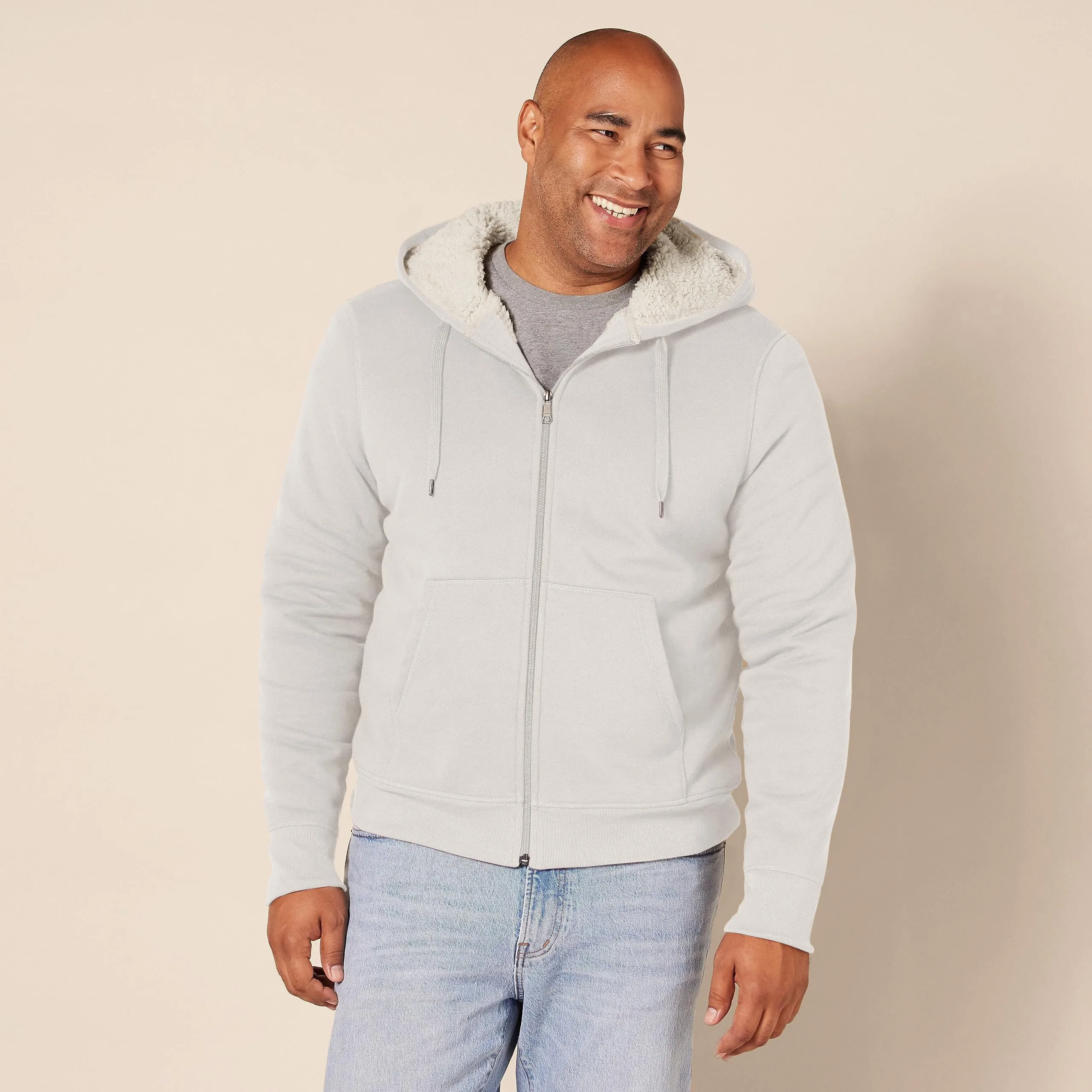 Amazon Essentials Felpa con Cappuccio e Cerniera Integrale in Pile Foderata in Sherpa Uomo, Bianco Sporco, L - immagine 5