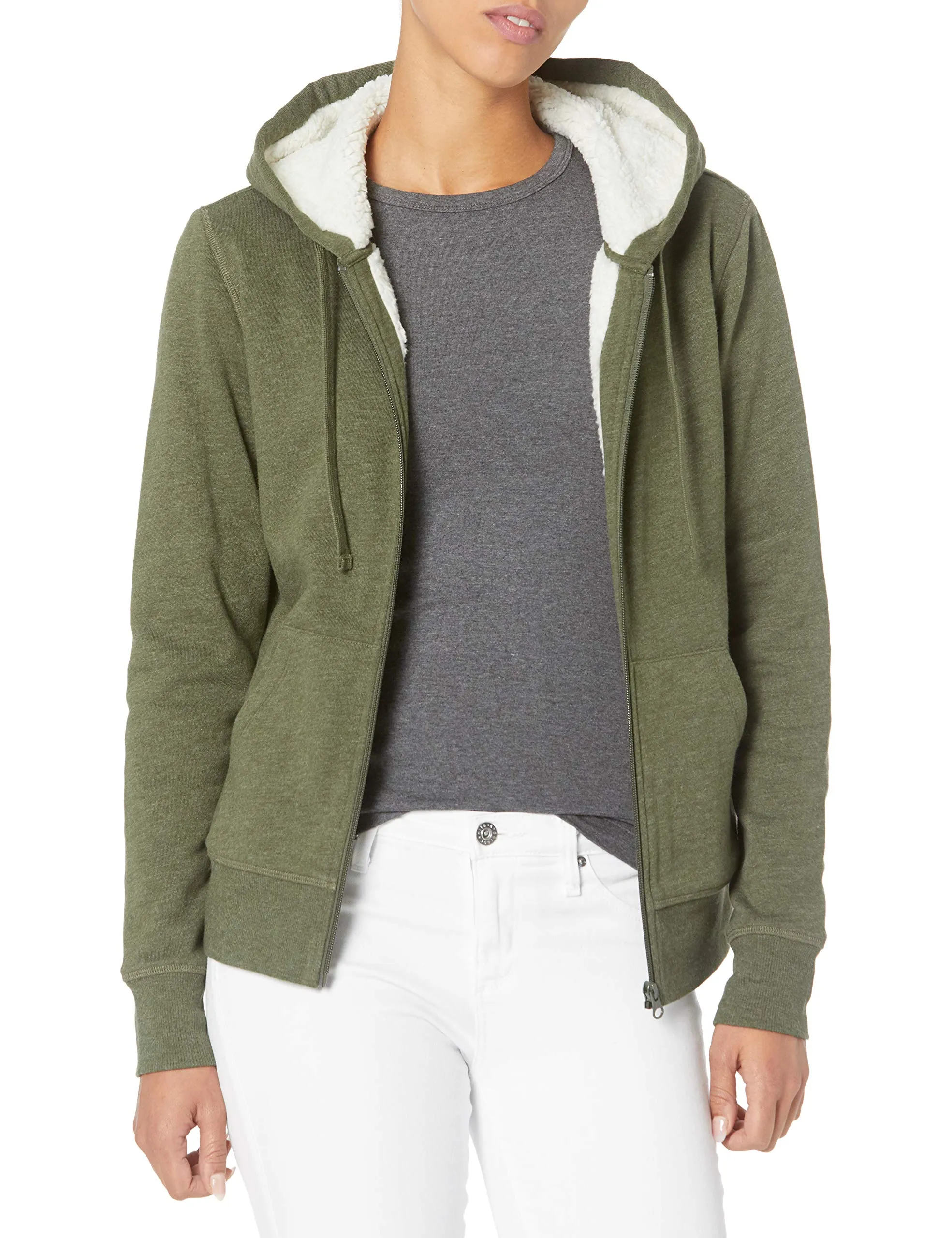 Amazon Essentials Giacca con Cappuccio a Cerniera Intera in Pile Foderata in Sherpa Donna, Verde Oliva Puntinato, XL - immagine 1