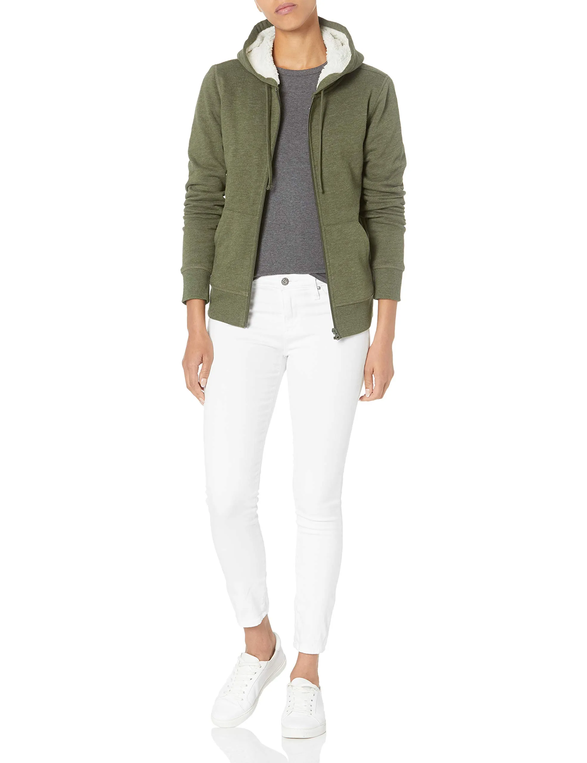 Amazon Essentials Giacca con Cappuccio in Pile Foderata in Sherpa Donna, Verde Oliva Puntinato, XXL - immagine 4