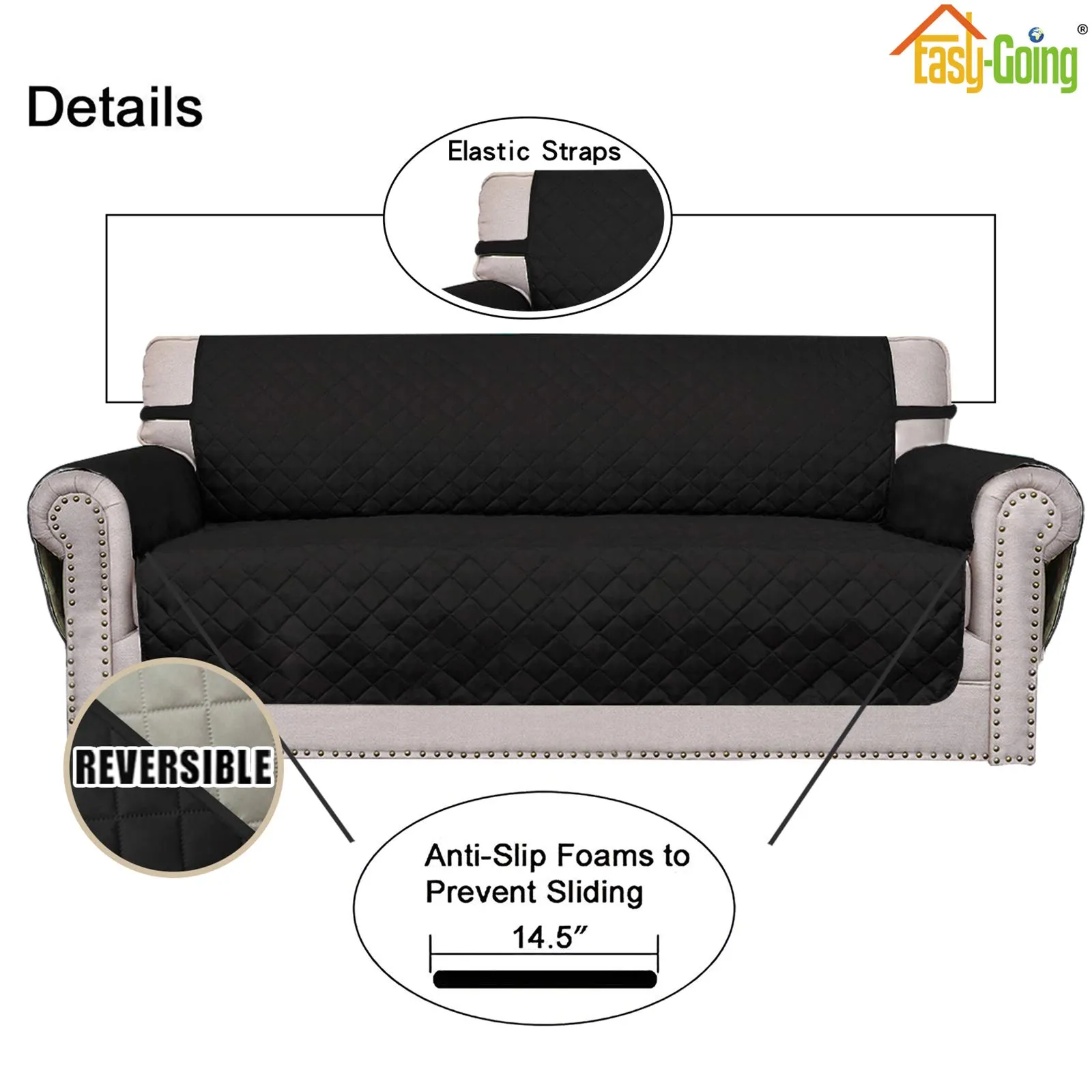Easy-Going Copridivano Reversibile con 2 Cuscini, Nero/Beige, 54'' - immagine 3