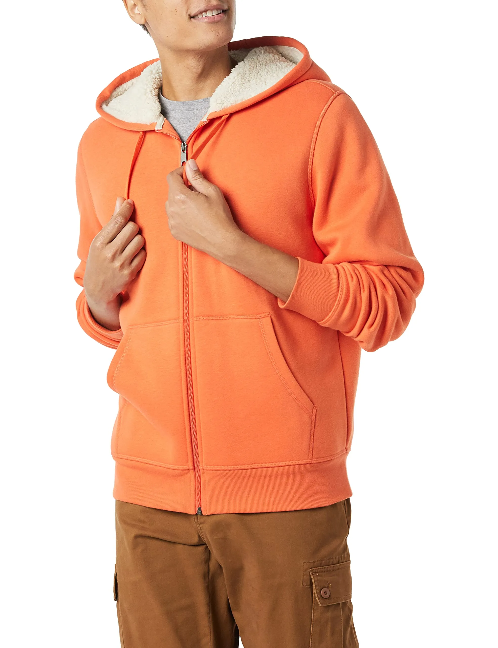 Amazon Essentials Felpa con Cappuccio e Cerniera Integrale in Pile Foderata in Sherpa Uomo, Arancione, L - immagine 1