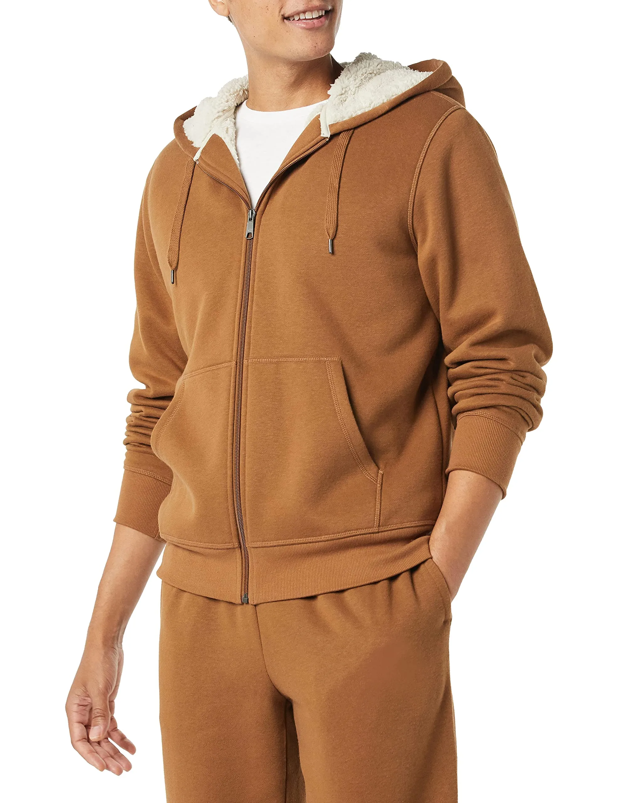 Amazon Essentials Felpa con Cappuccio e Cerniera Integrale in Pile Foderata in Sherpa Uomo, Marrone Toffee, L - immagine 1