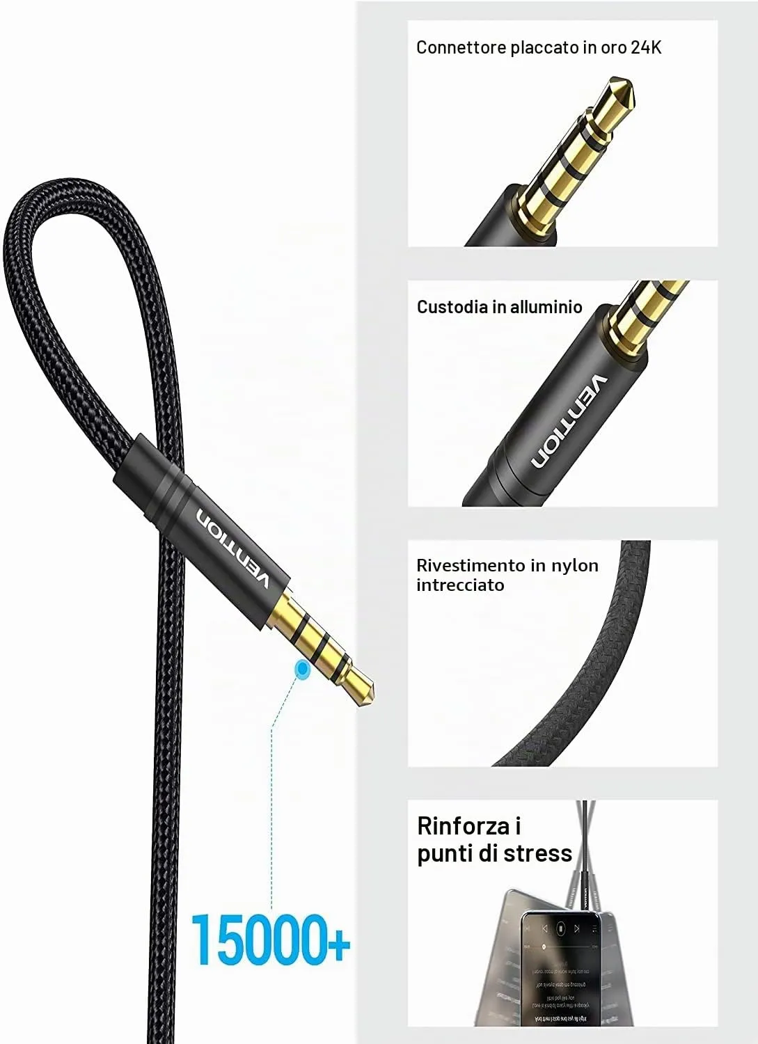 VENTION Prolunga Cuffie Jack 3,5mm Cavo Audio Stereo Aux Maschio a Femmina, 5m - immagine 2