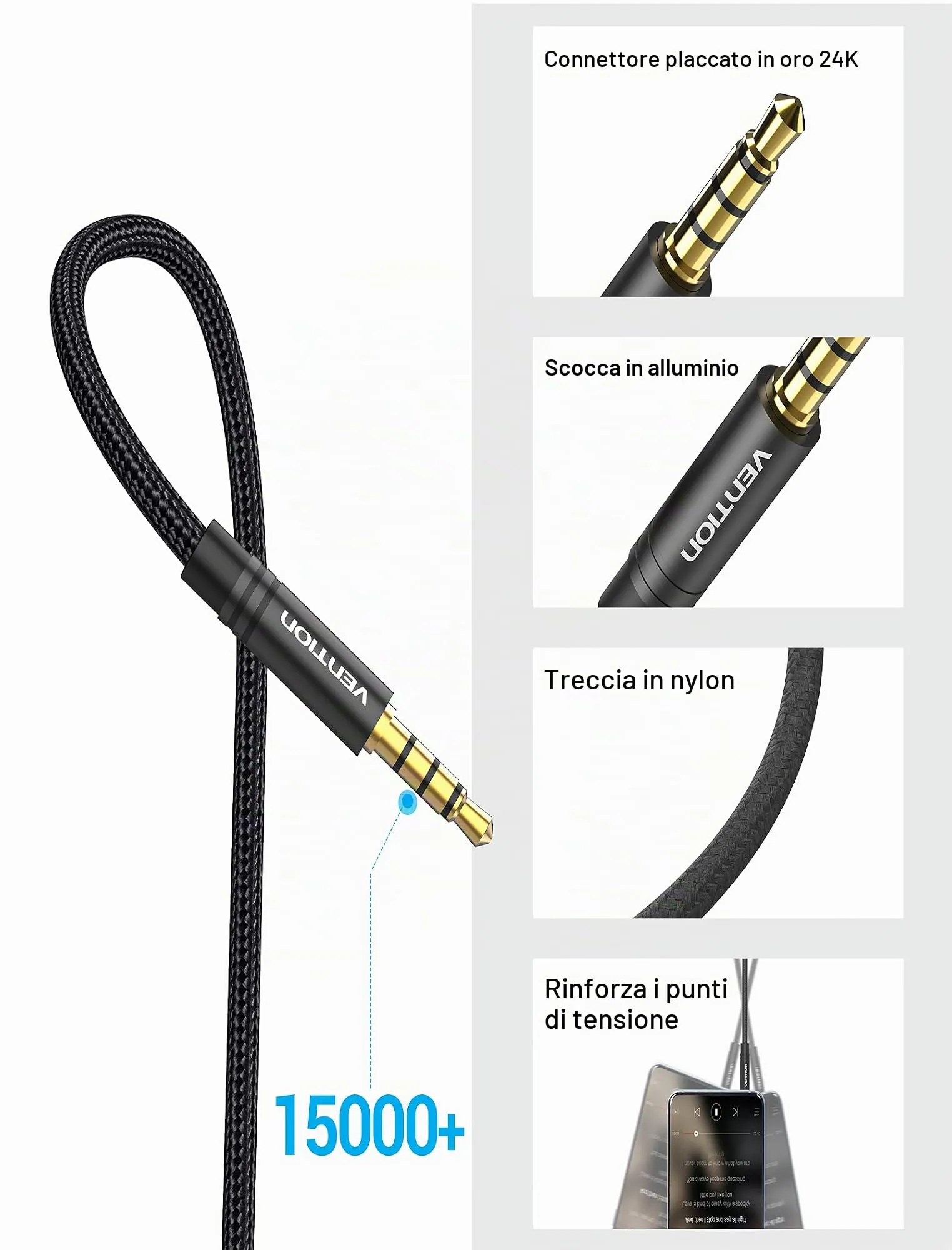 VENTION Prolunga Cuffie Jack 3,5mm Cavo Audio Stereo Aux Maschio a Femmina 1m - immagine 2