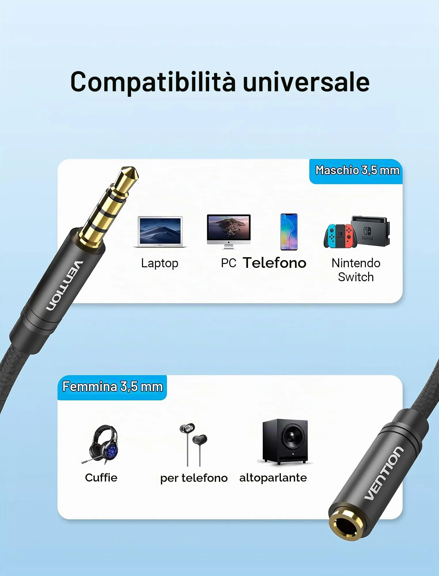 VENTION Prolunga Cuffie Jack 3,5mm Cavo Audio Stereo Aux Maschio a Femmina 1m - immagine 5