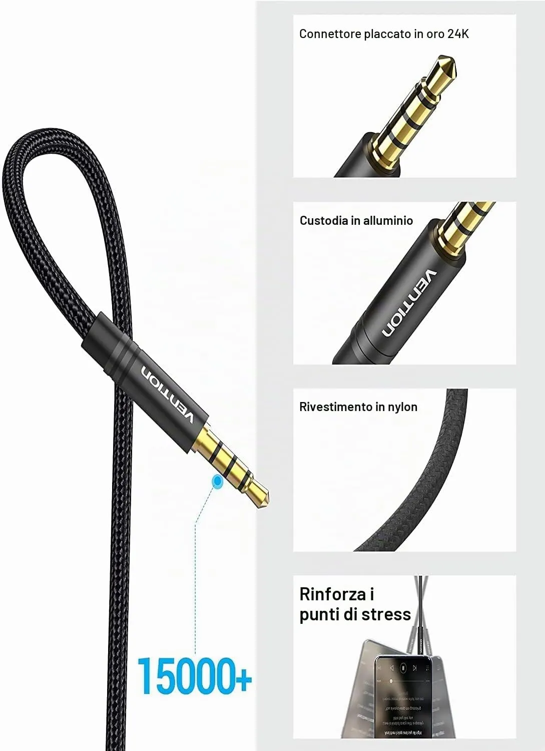 VENTION Prolunga Cuffie Jack 3,5mm Cavo Audio Stereo Aux Maschio a Femmina 1,5m - immagine 2