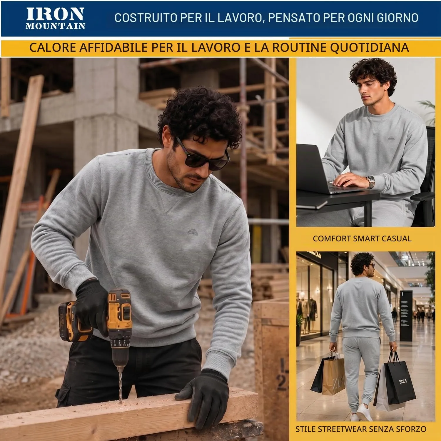 Iron Mountain Felpa Uomo Girocollo Fleece Grigio Chiaro, M - immagine 2