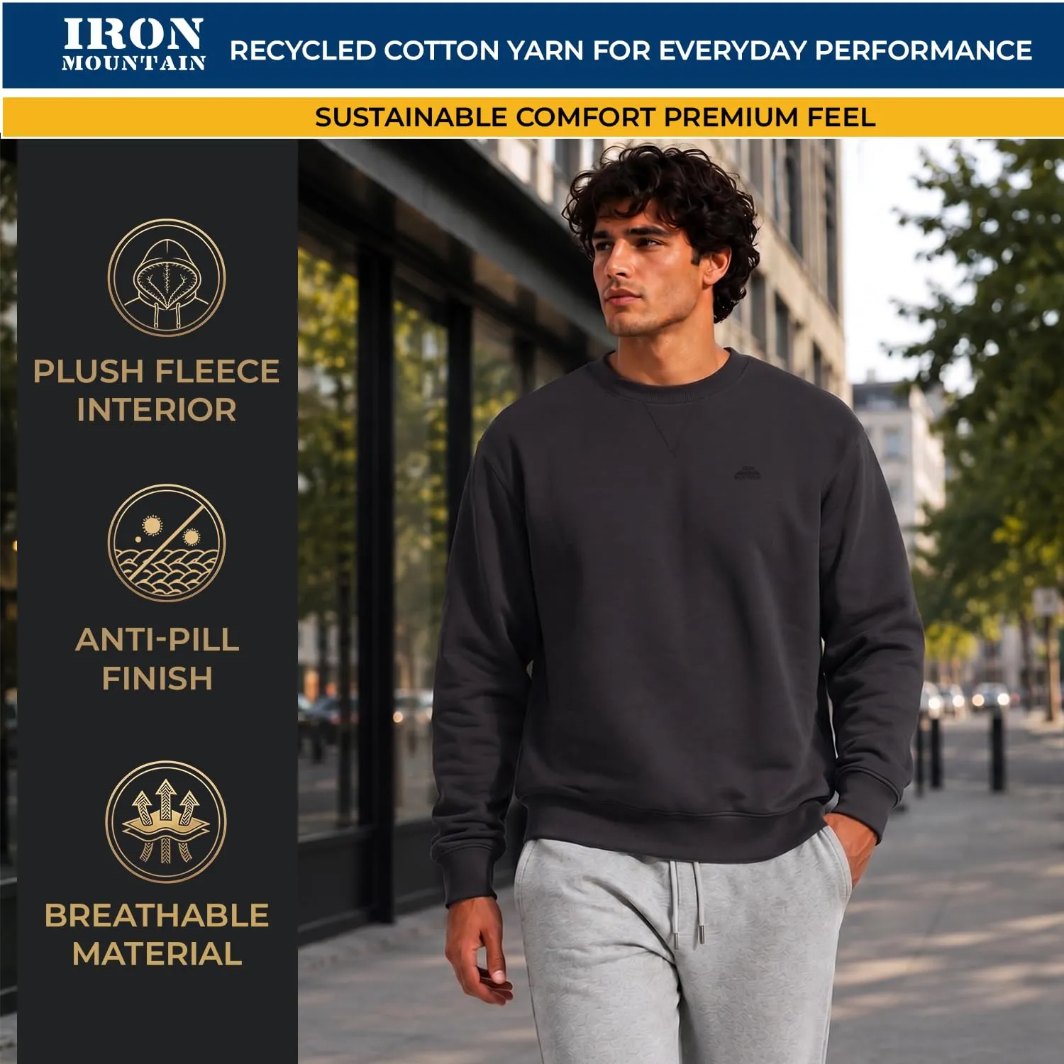 Iron Mountain Felpa Uomo Girocollo Fleece, Carbone, M - immagine 5