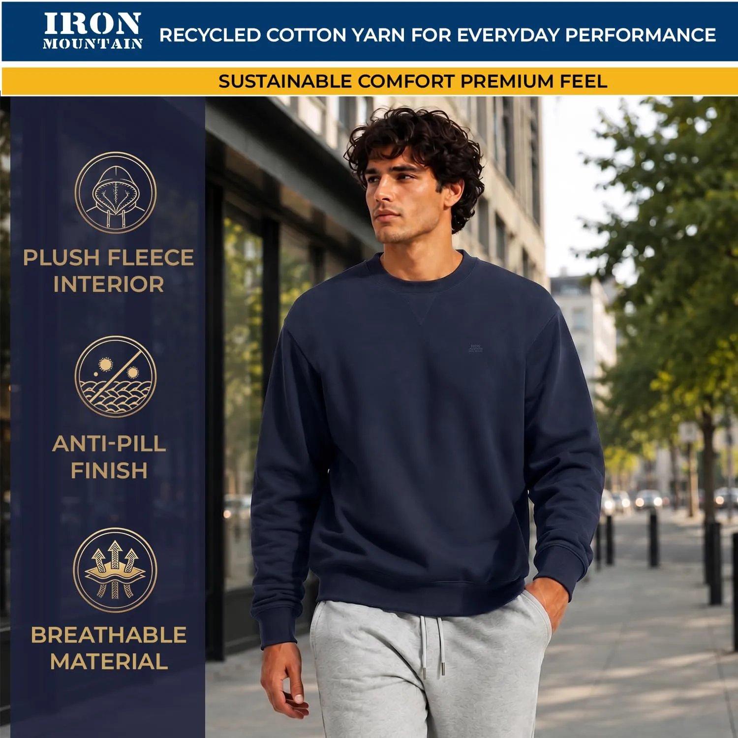 Iron Mountain Felpa Uomo Girocollo Fleece Blu Navy, XL - immagine 3