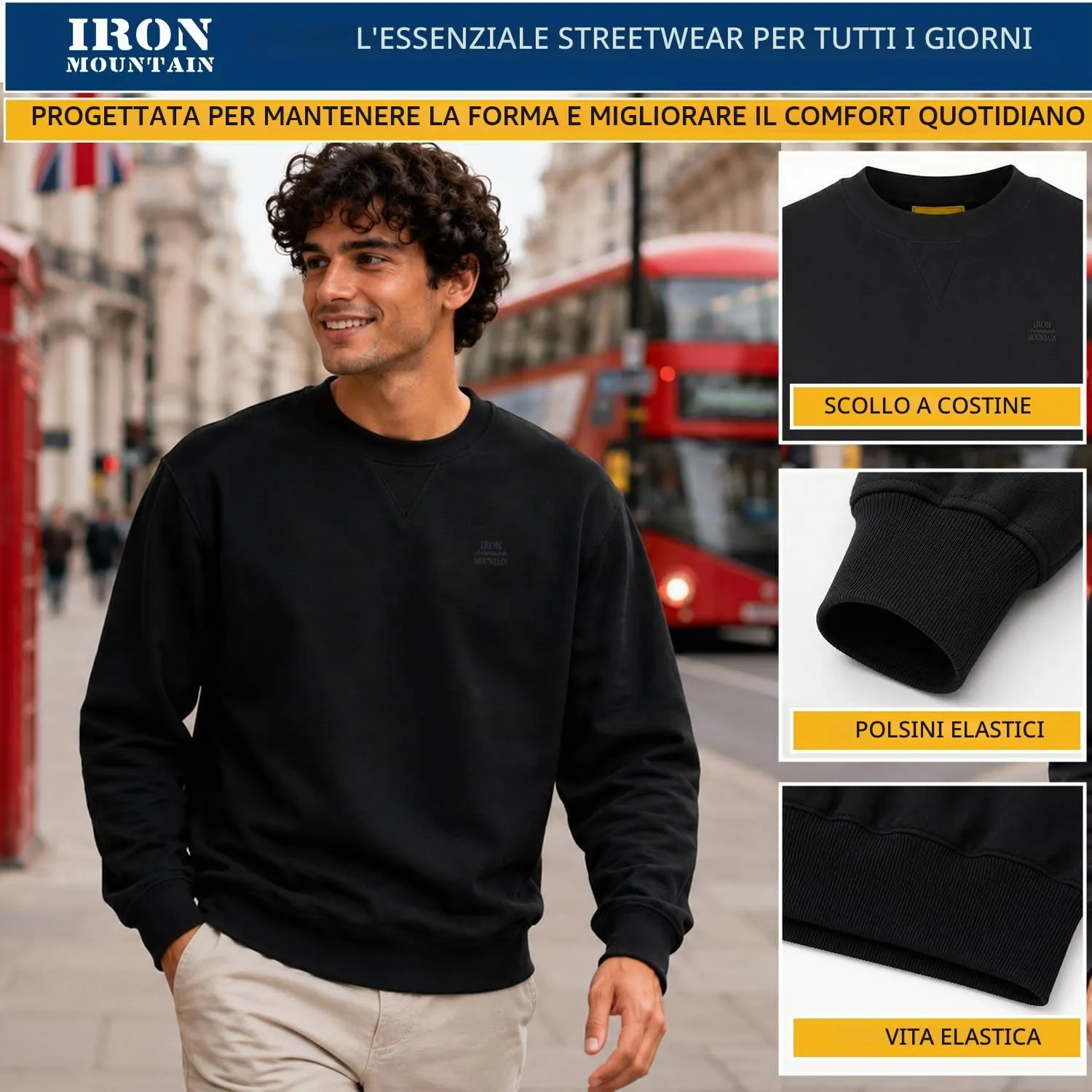 Iron Mountain Felpa Uomo Girocollo Fleece Nero, 3XL - immagine 6