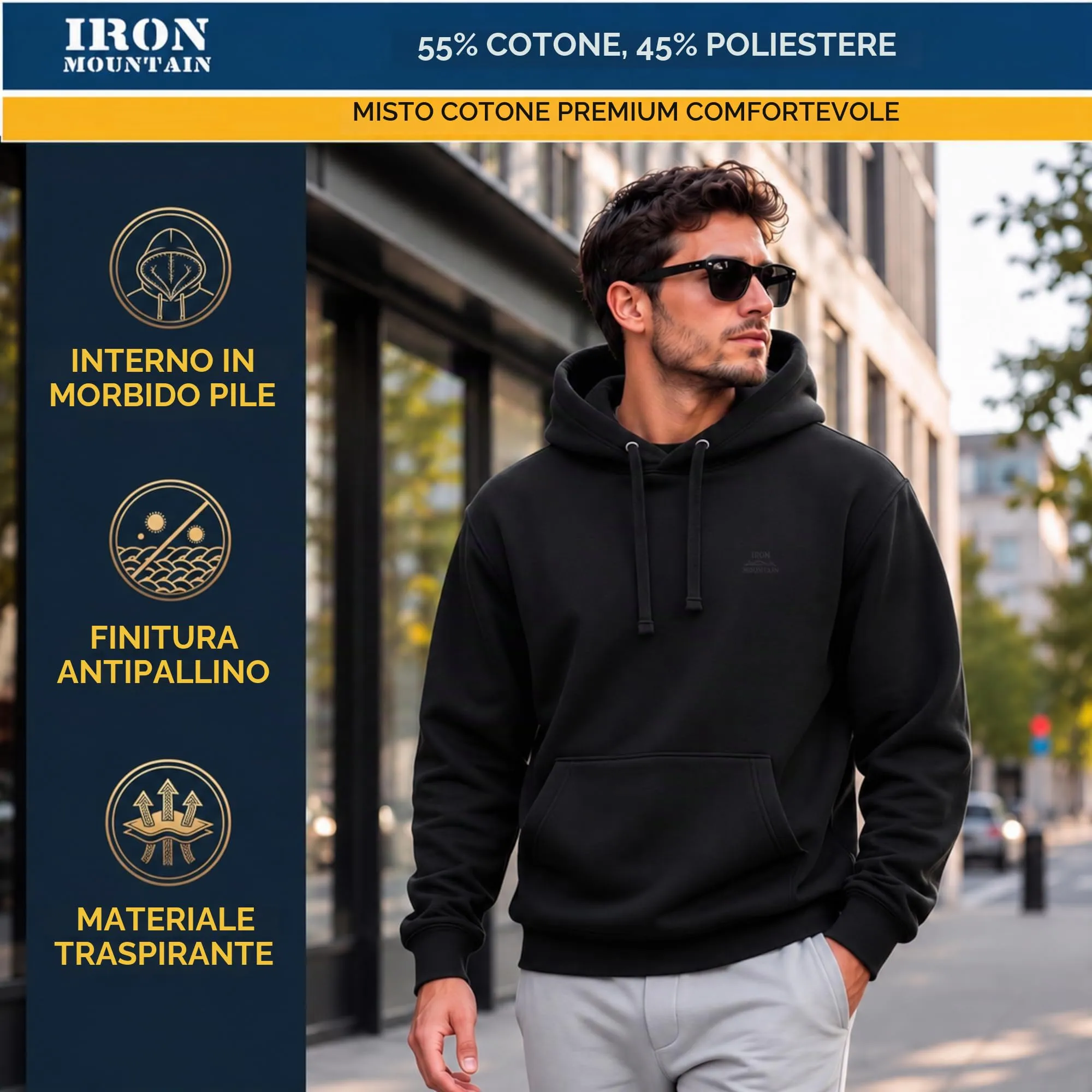 Iron Mountain Felpa Uomo con Cappuccio in Fleece, Nero, 3XL - immagine 5