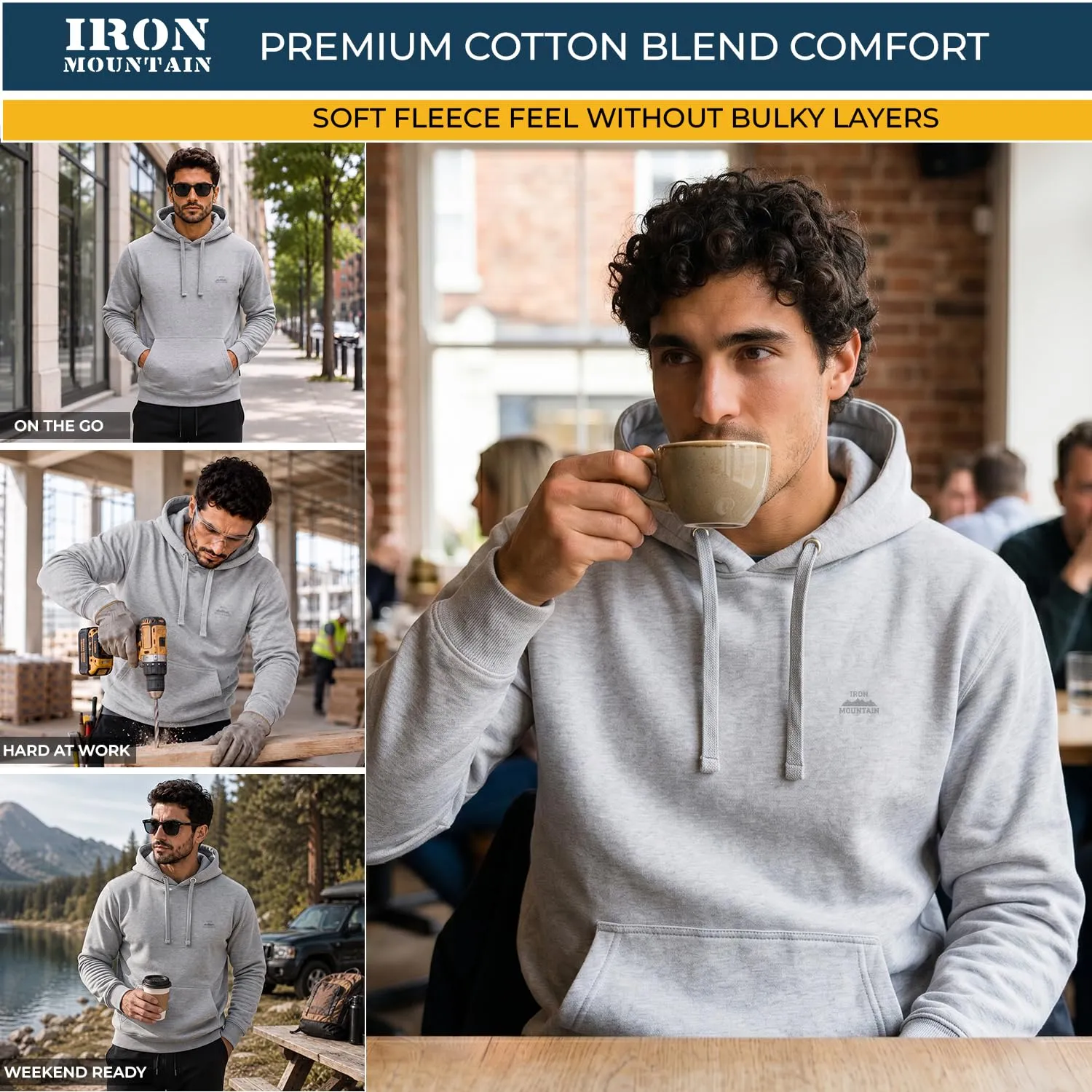 Iron Mountain Felpa Uomo con Cappuccio in Fleece (Grigio Chiaro, XL) - immagine 3