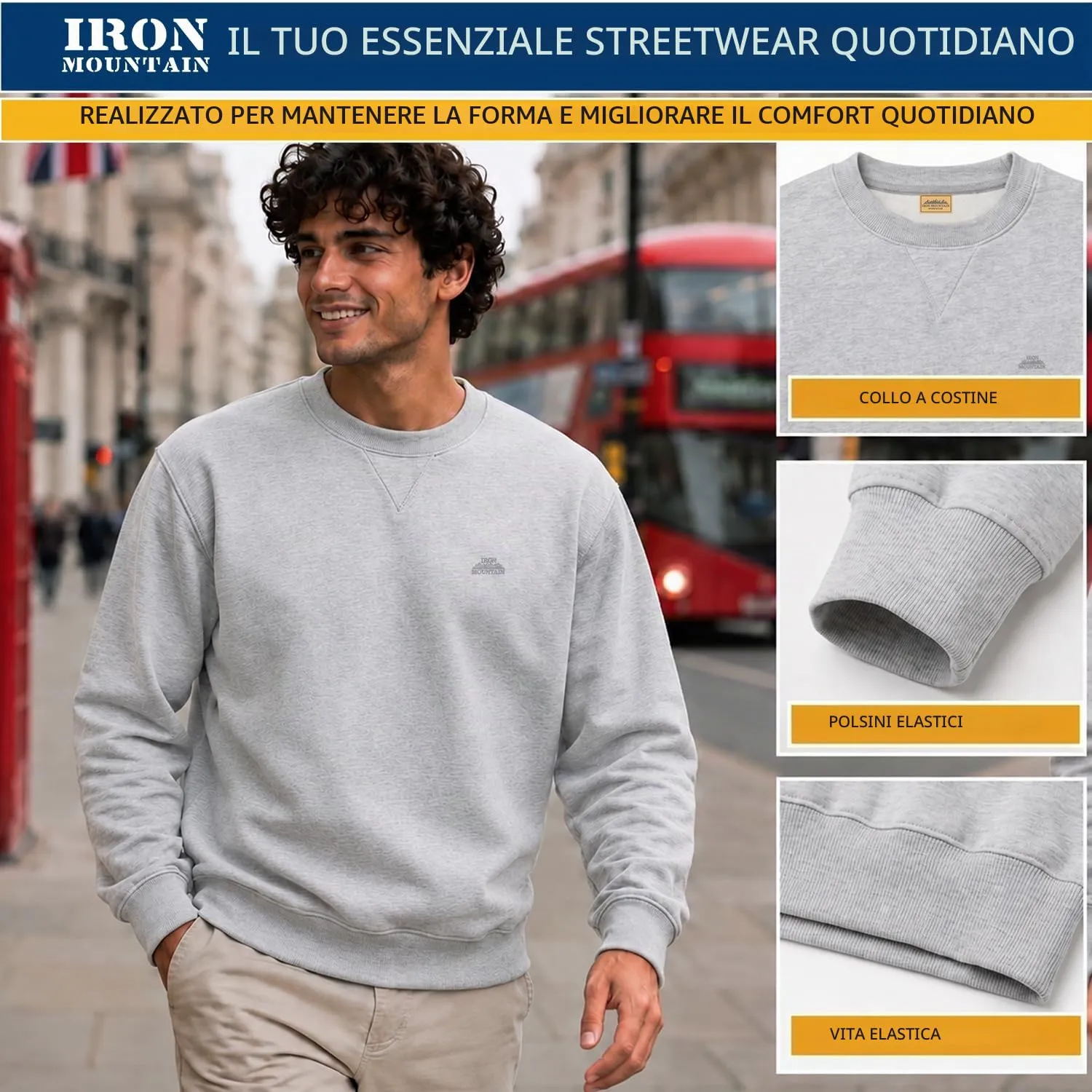 Iron Mountain Felpa Uomo Girocollo Fleece Grigio Chiaro, 3XL - immagine 5