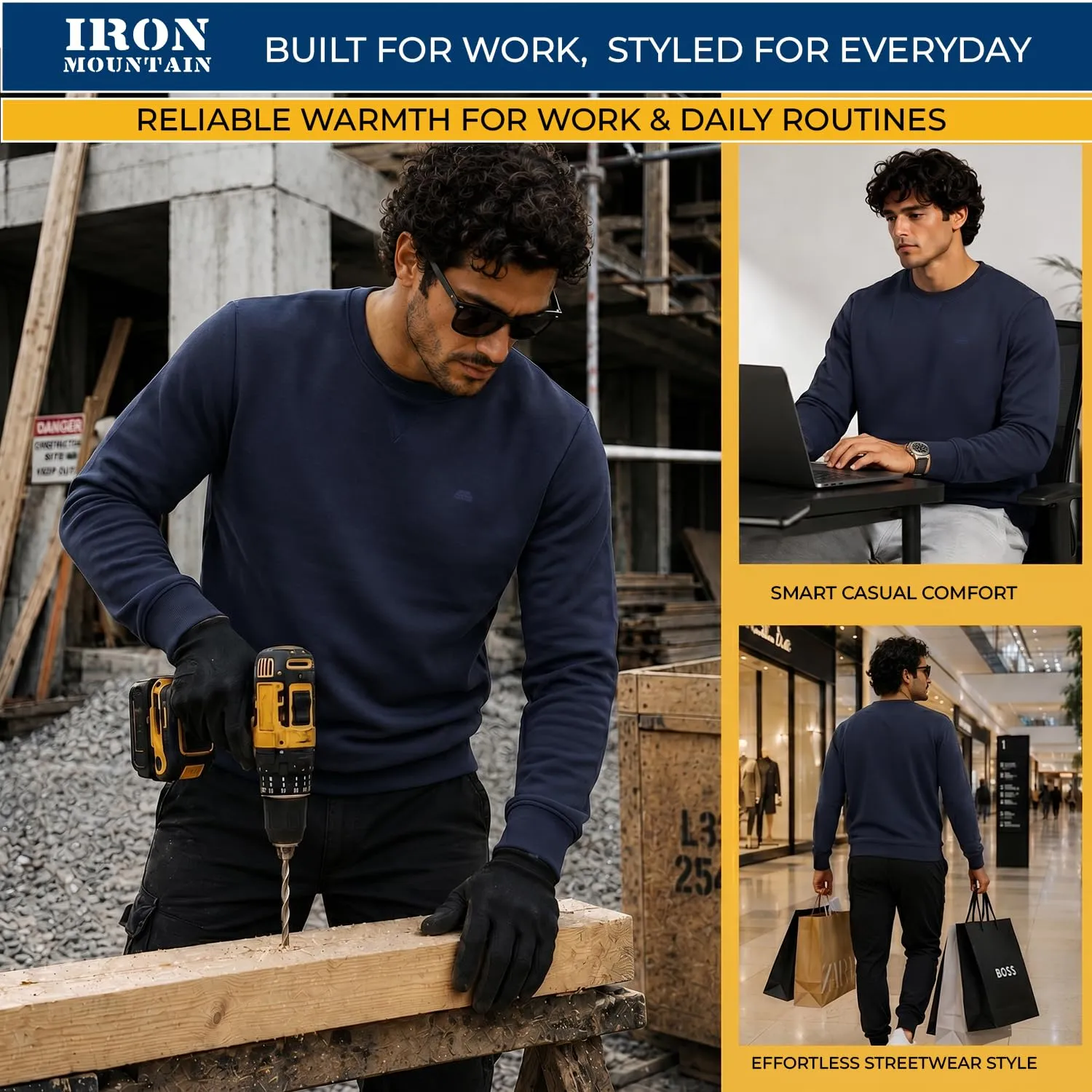 Iron Mountain Felpa Uomo Girocollo Fleece Blu Navy, 4XL - immagine 2