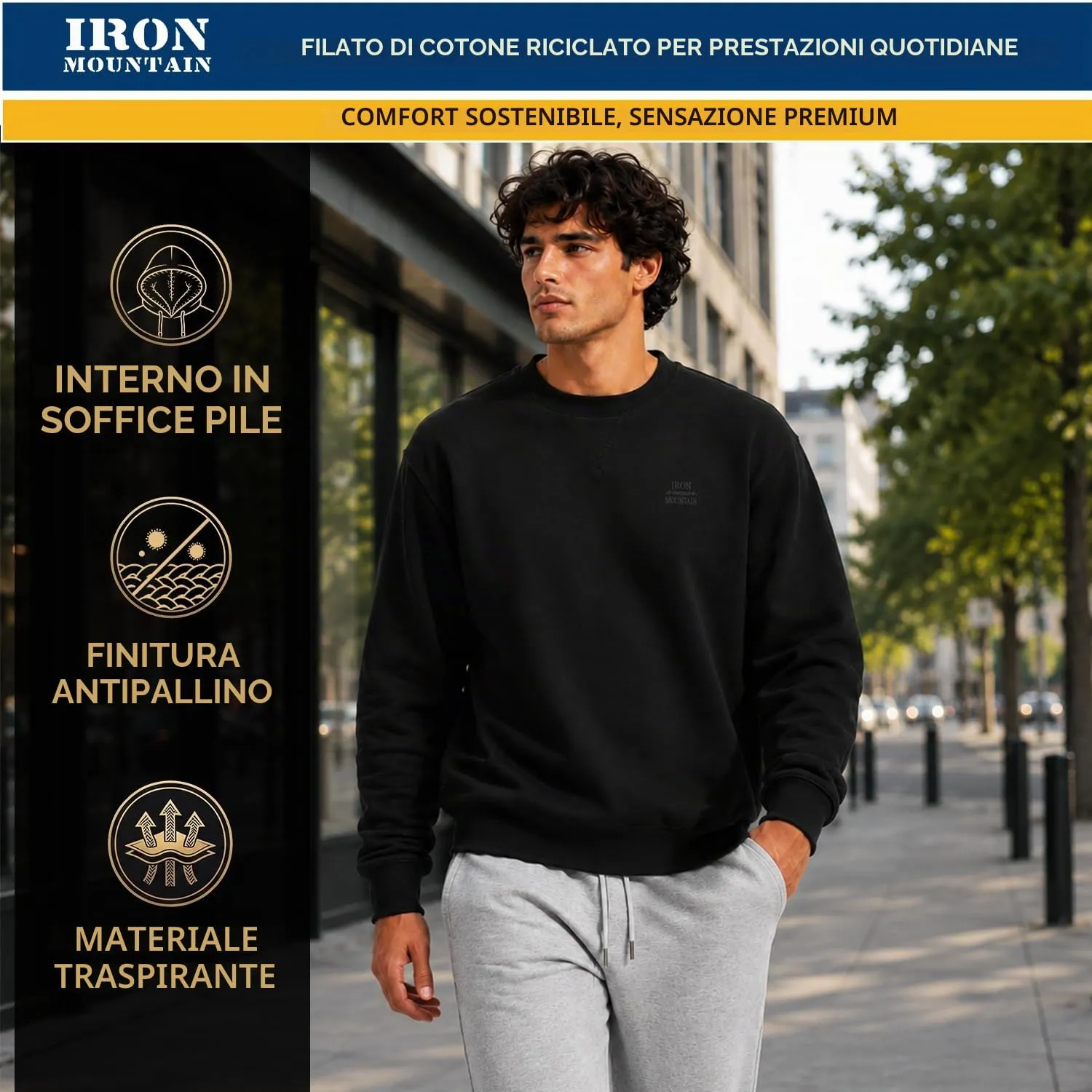 Iron Mountain Felpa Uomo Girocollo Fleece IMSWT205 - Nero, M - immagine 3
