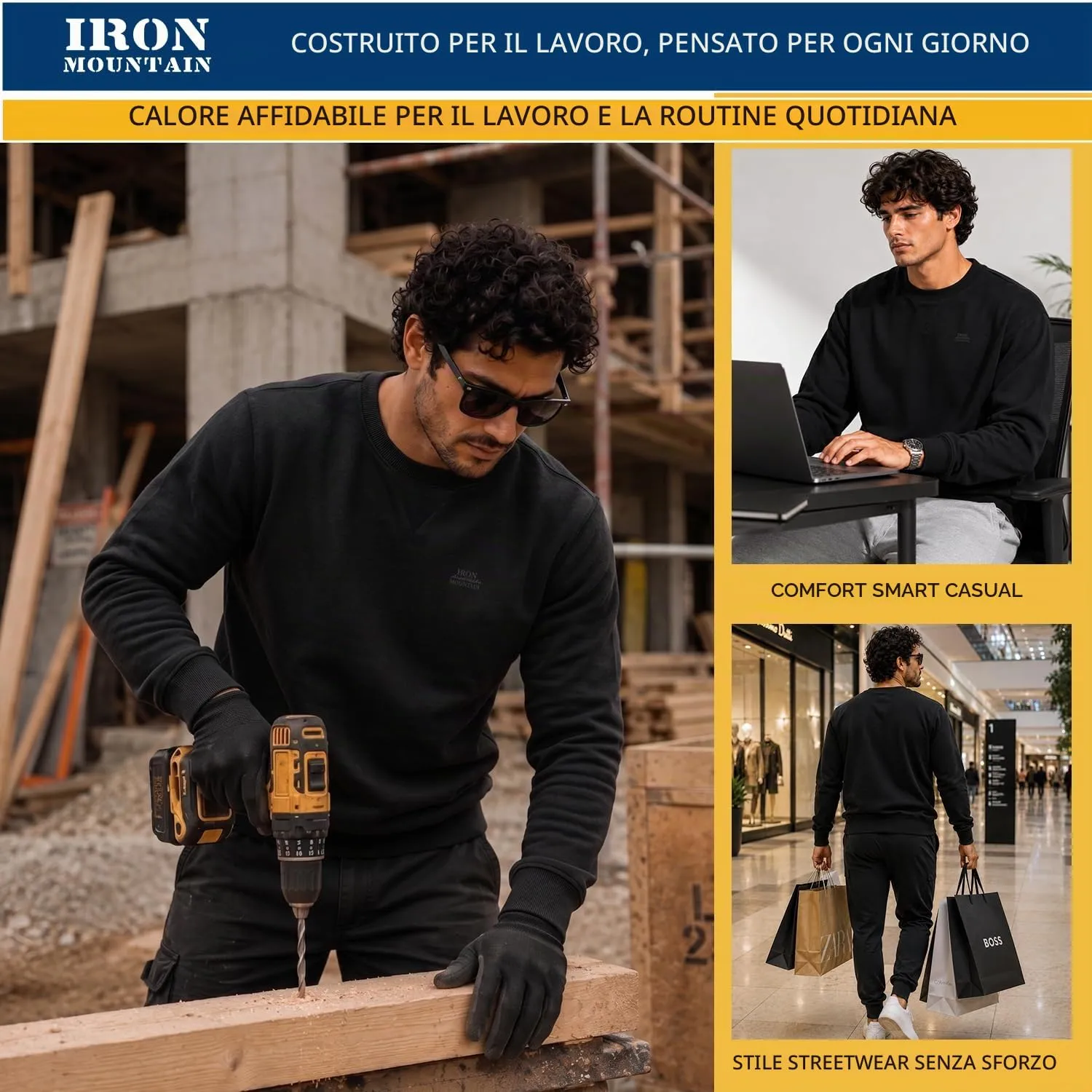 Iron Mountain Felpa Uomo Girocollo Fleece IMSWT205 - Nero, M - immagine 5