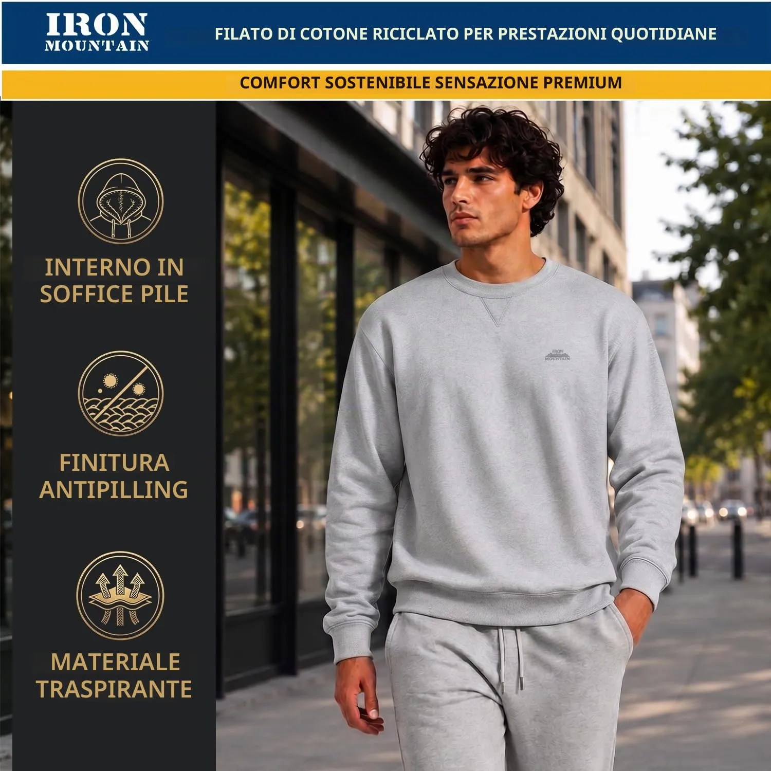 Iron Mountain Felpa Uomo Girocollo Fleece Grigio Chiaro, XL - immagine 3
