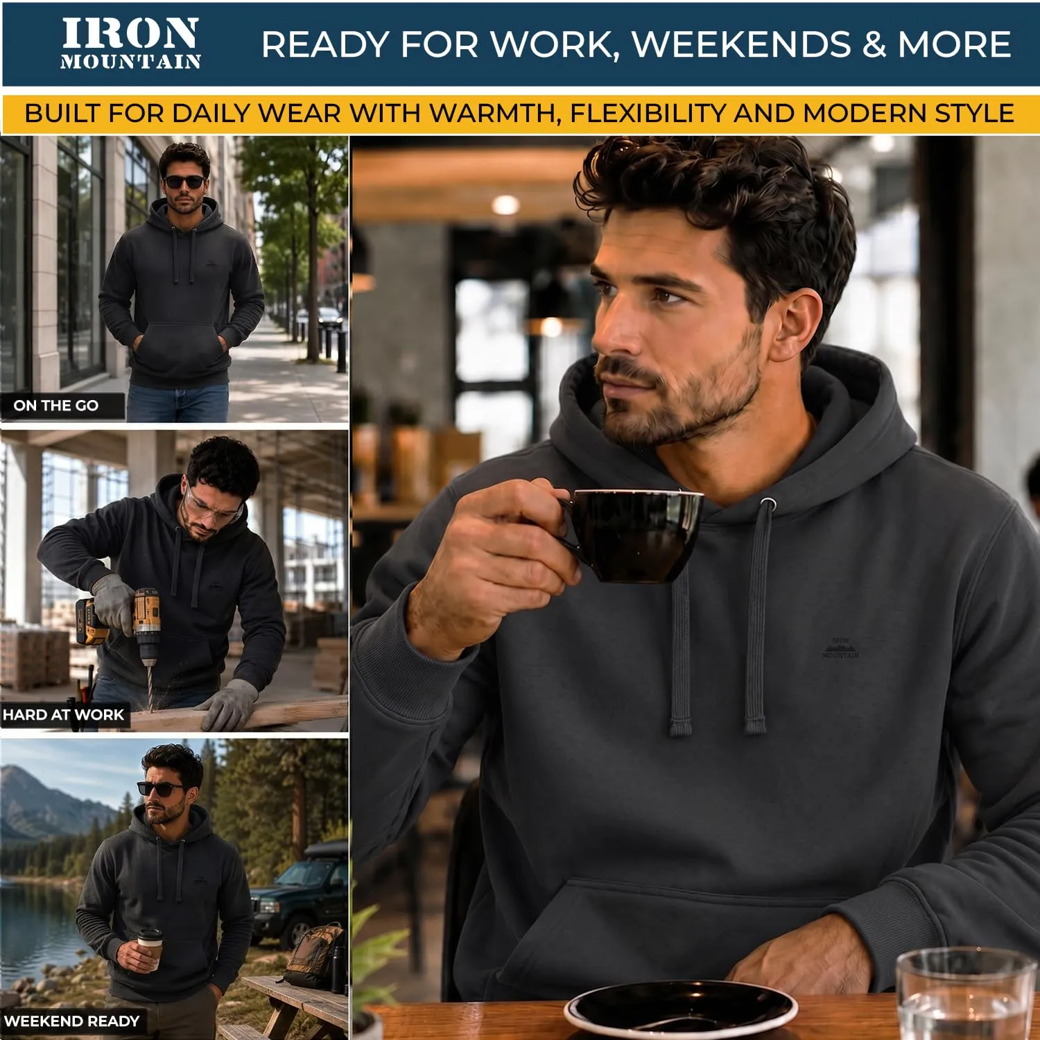 Iron Mountain Felpa Uomo con Cappuccio Fleece IMSWT203, Carbone mélange, XL - immagine 3