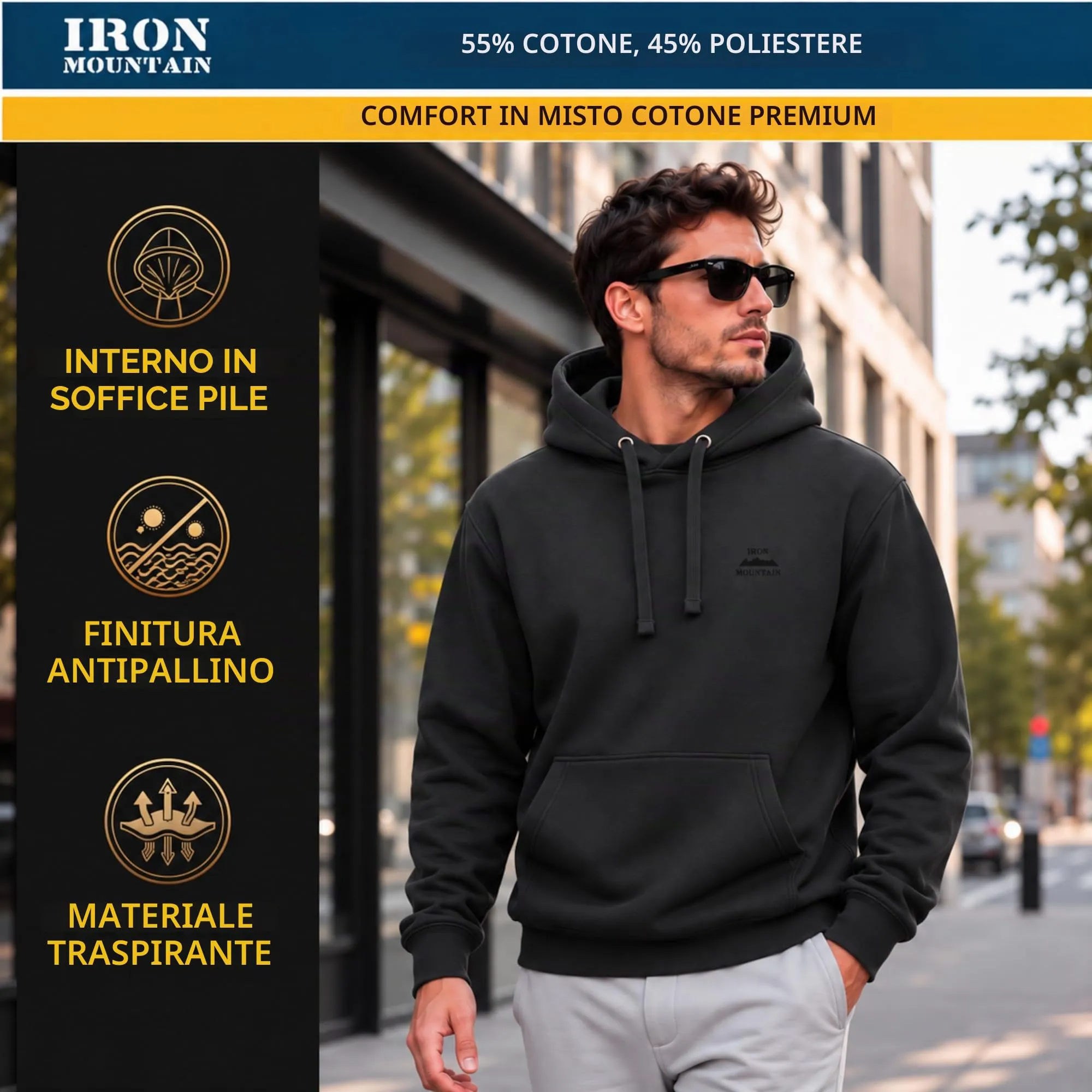 Iron Mountain Felpa Uomo con Cappuccio Fleece IMSWT203, Carbone mélange, XL - immagine 5
