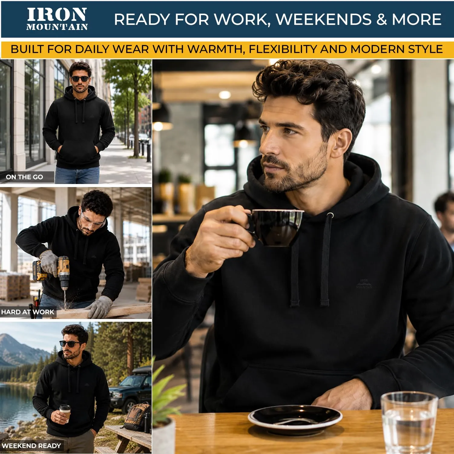 Iron Mountain Felpa Uomo con Cappuccio in Fleece Nero, M - immagine 7