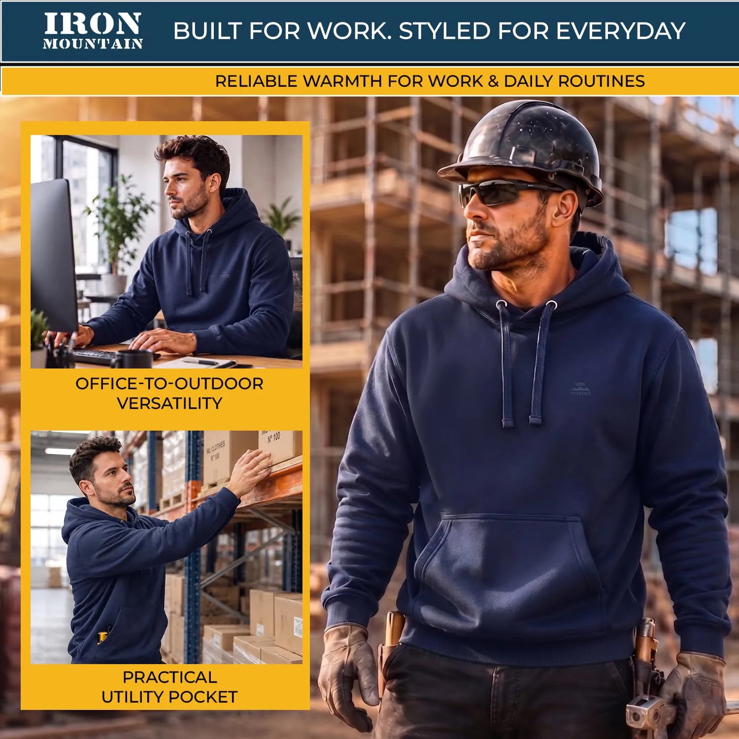 Iron Mountain Felpa Uomo con Cappuccio Fleece IMSWT203, Blu Navy, L - immagine 3