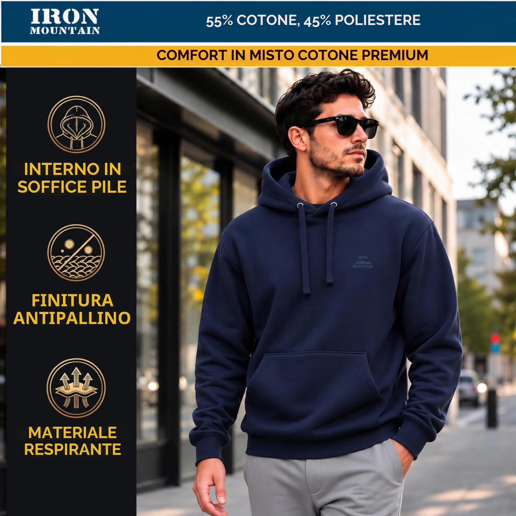 Iron Mountain Felpa Uomo con Cappuccio Fleece IMSWT203, Blu Navy, L - immagine 5