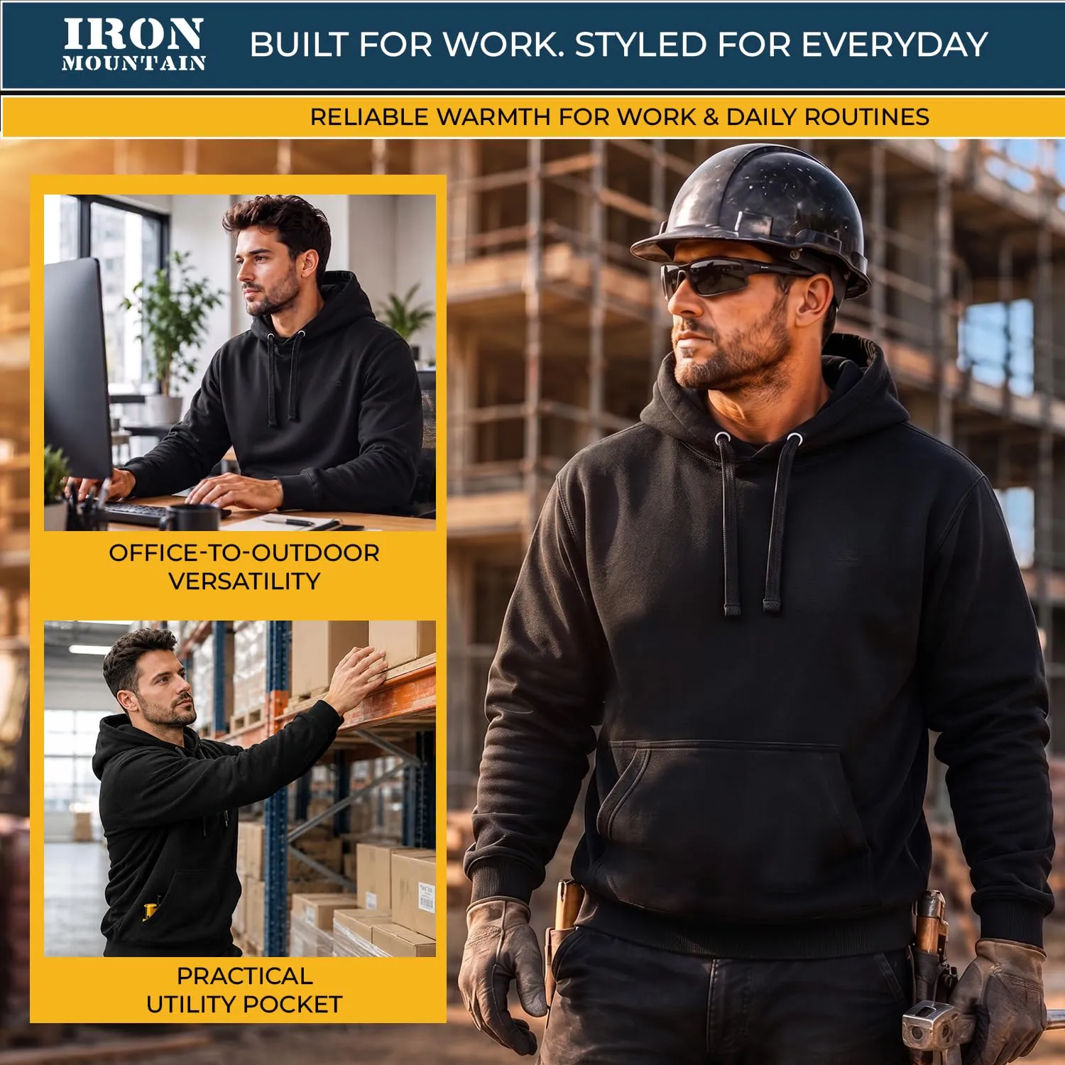 Iron Mountain Felpa Uomo con Cappuccio Fleece Nero, XL - immagine 3