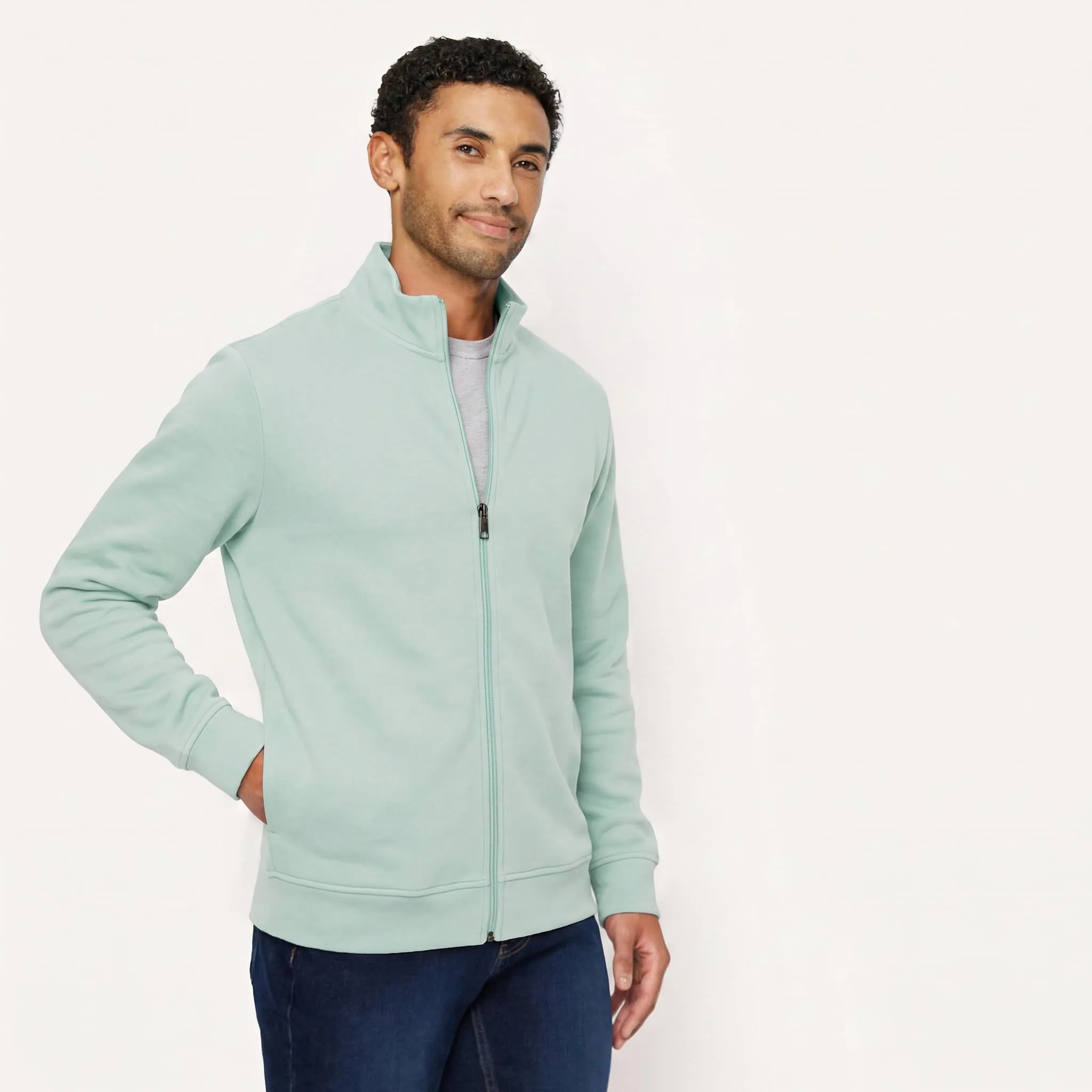 Amazon Essentials Felpa da Uomo in Leggero Misto Cotone con Zip Integrale e Collo Alto, Verde Menta, XS - immagine 2
