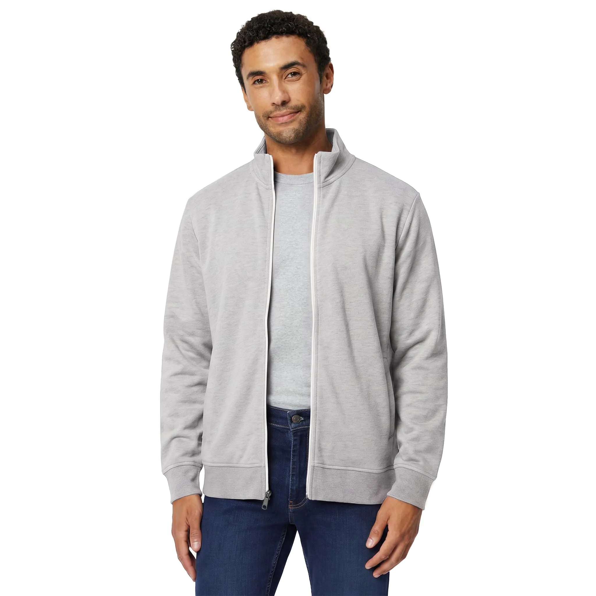 Amazon Essentials Felpa da Uomo in Misto Cotone con Zip Integrale e Collo Alto, Grigio Chiaro Puntinato, S - immagine 1