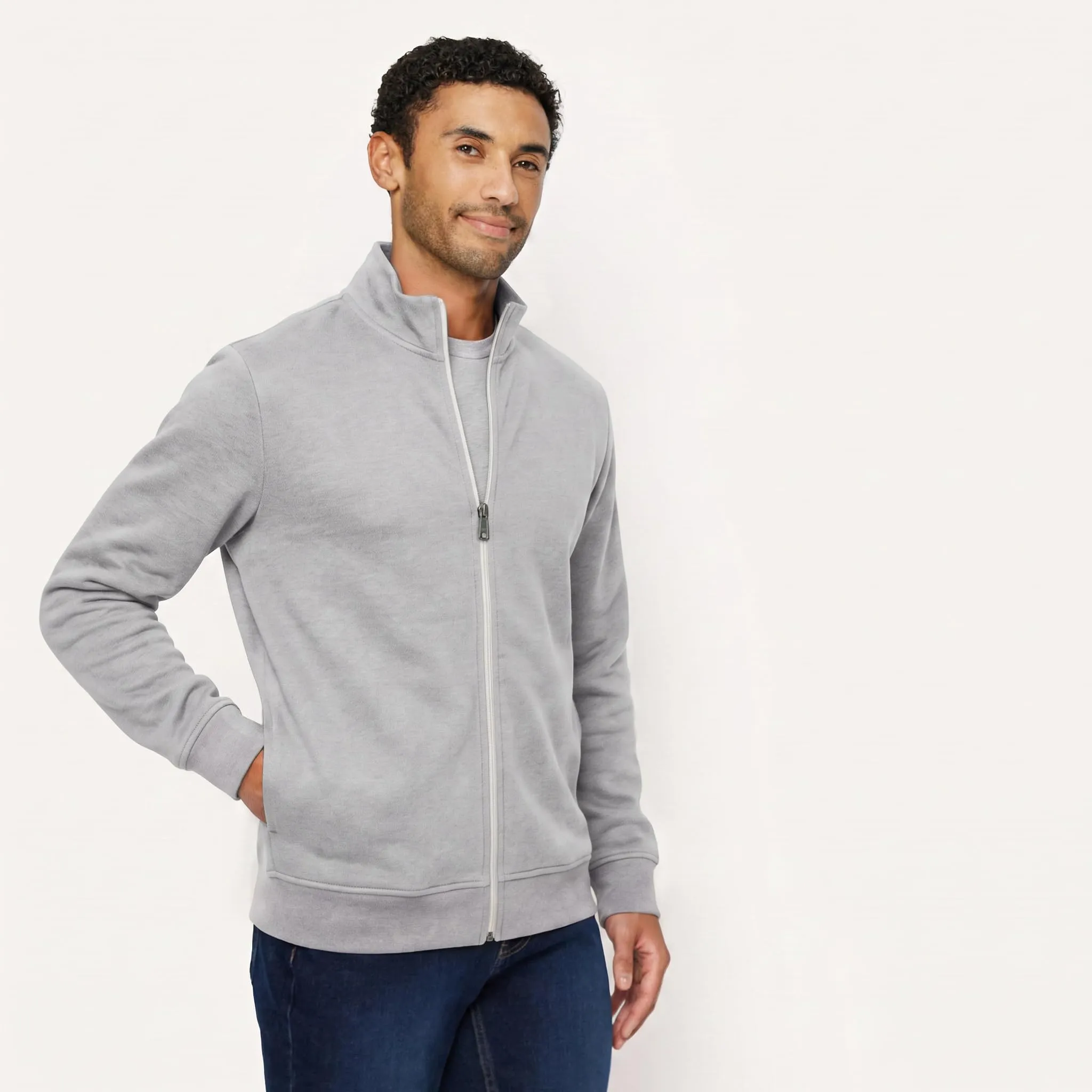 Amazon Essentials Felpa da Uomo in Misto Cotone con Zip Integrale e Collo Alto, Grigio Chiaro Puntinato, S - immagine 2