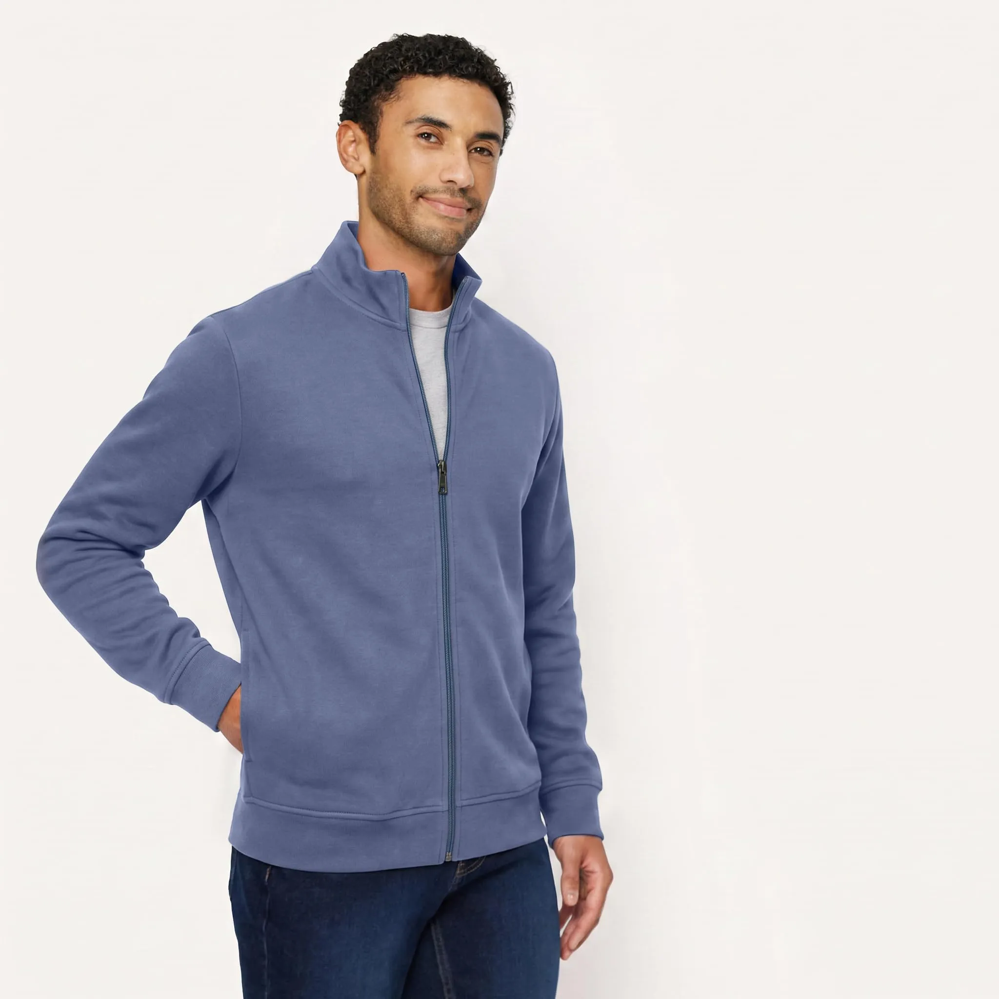Amazon Essentials Felpa da Uomo in Misto Cotone con Zip Integrale e Collo Alto, Indaco, XS - immagine 2