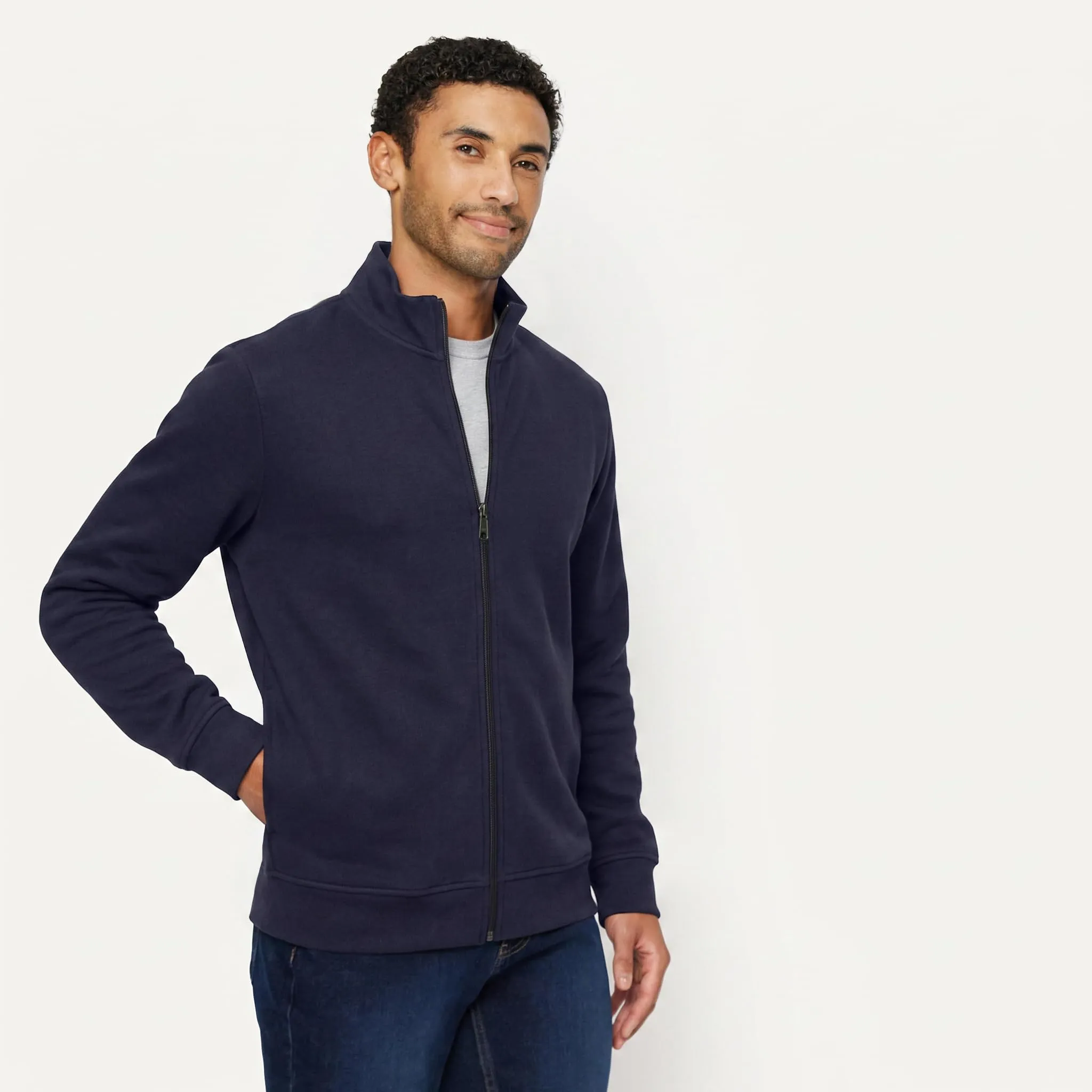 Amazon Essentials Felpa da Uomo in Misto Cotone con Zip Integrale e Collo Alto, Blu Marino Scuro, XS - immagine 2