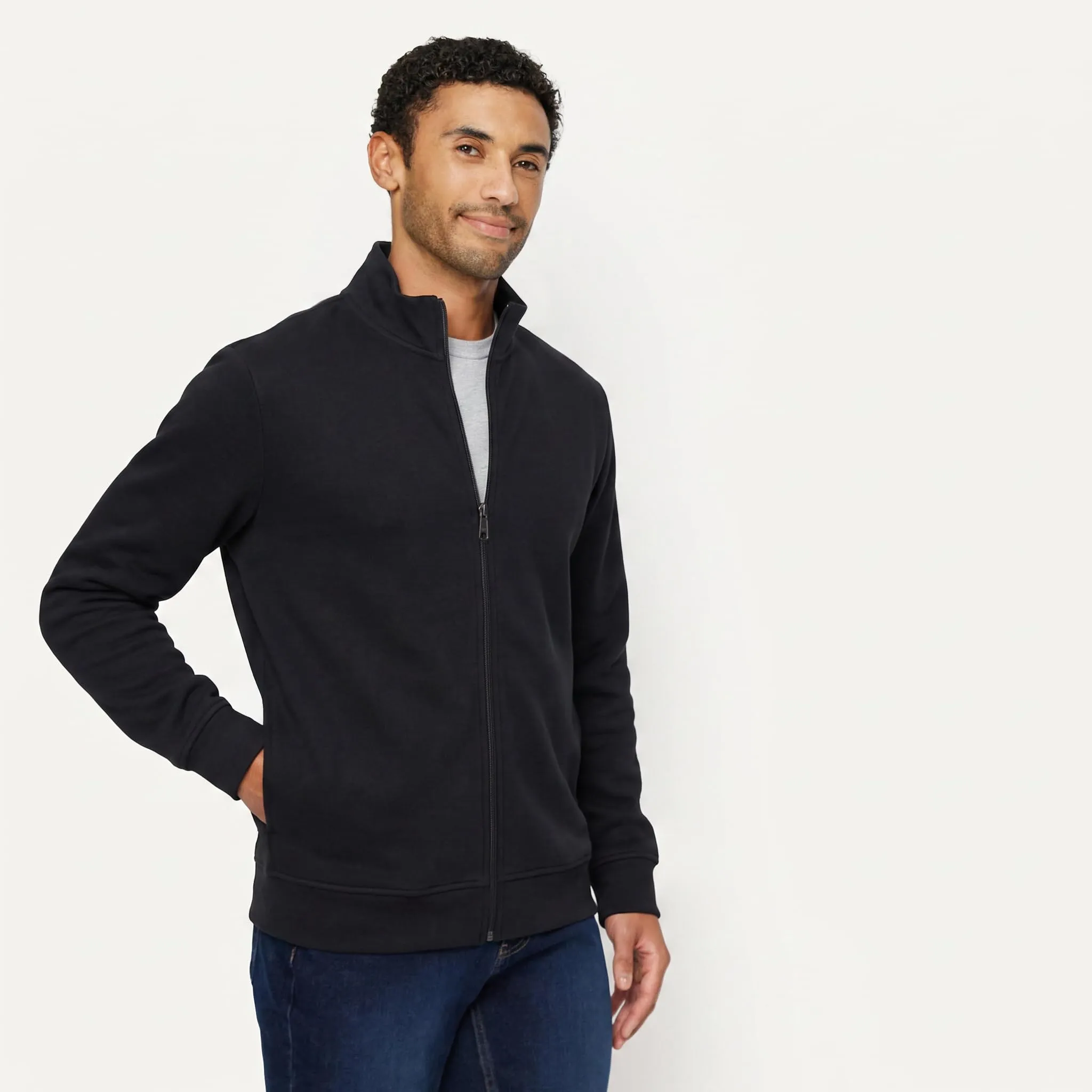 Amazon Essentials Felpa da Uomo in Misto Cotone con Zip Integrale e Collo Alto, Nero, L - immagine 2