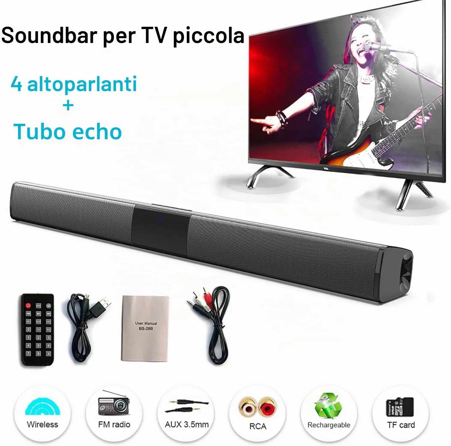 Yangers Soundbar Bluetooth 5.0 Wireless 20W per TV, PC e Smartphone con Telecomando, EQ Integrato e Batteria Ricaricabile - immagine 3