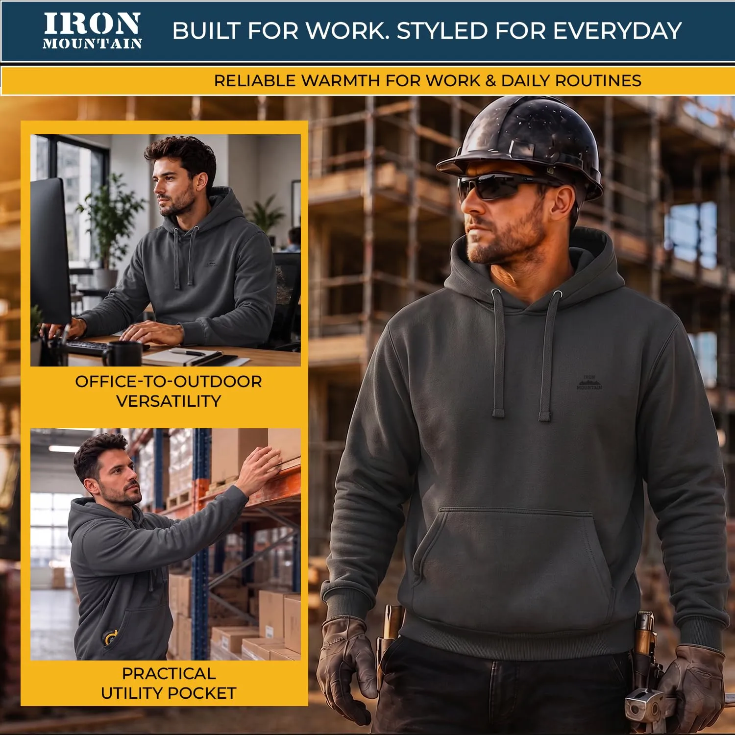 Iron Mountain Felpa Uomo con Cappuccio Fleece, Carbone mélange, S - immagine 7