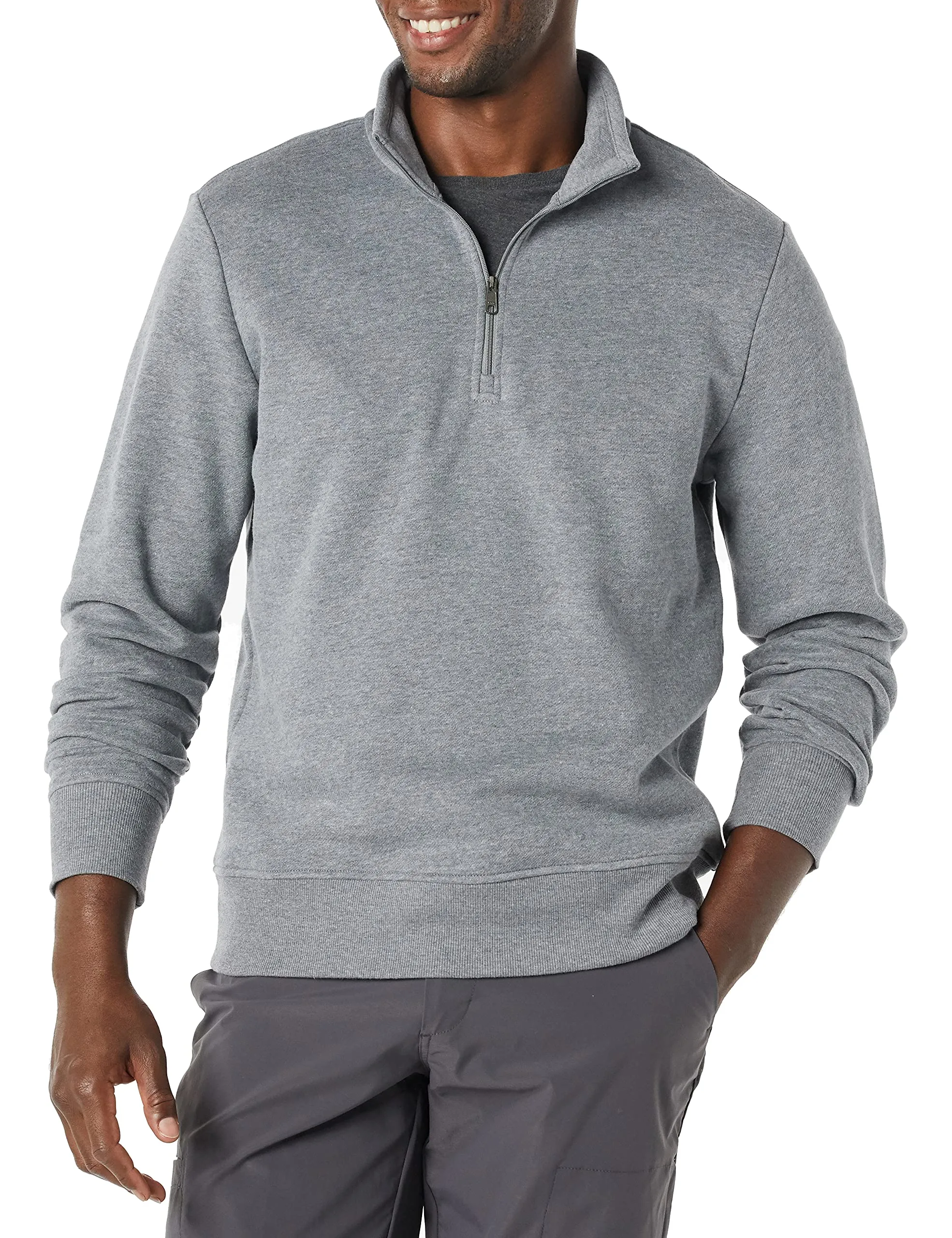 Amazon Essentials Felpa in Pile a Maniche Lunghe con Zip Corta Uomo, Grigio Medio Puntinato, M - immagine 1