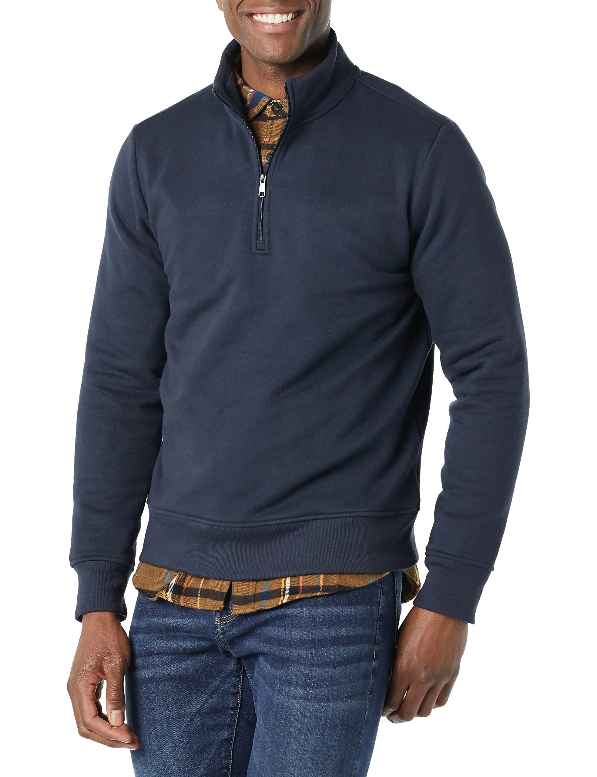 Amazon Essentials Felpa in Pile a Maniche Lunghe con Zip Corta Uomo, Blu Marino, M - immagine 1