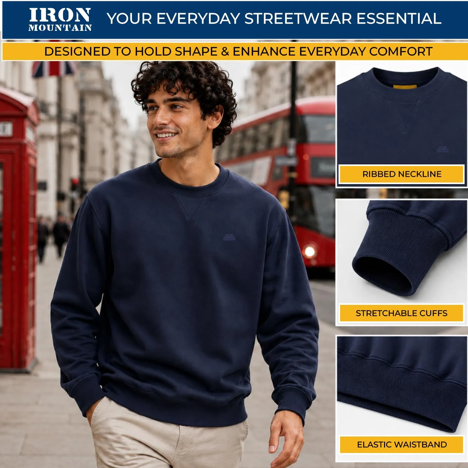 Iron Mountain Felpa Uomo Girocollo Fleece in Cotone, Blu Navy, S - immagine 5