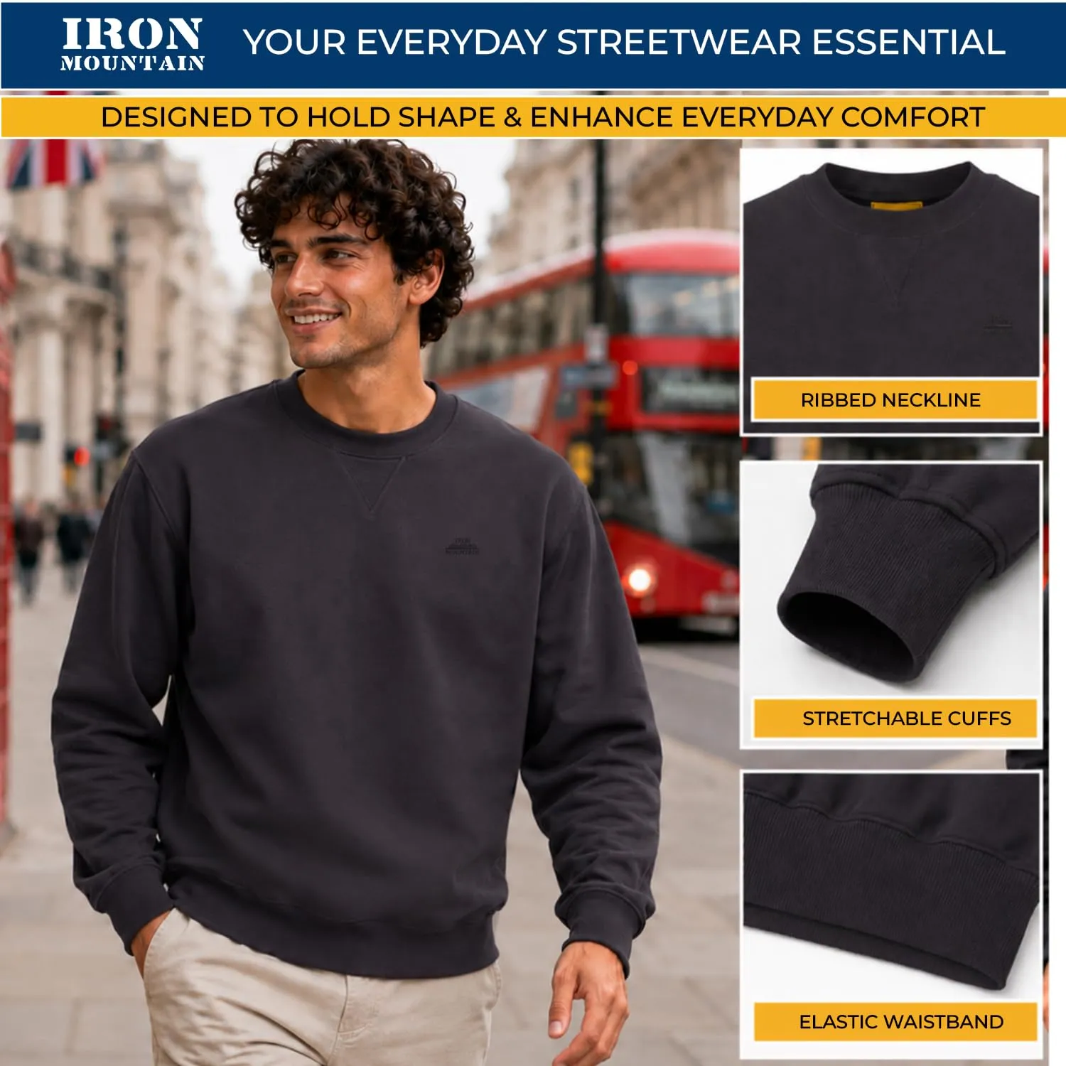 Iron Mountain Felpa Uomo Girocollo Fleece in Cotone (Carbone, S) - immagine 7