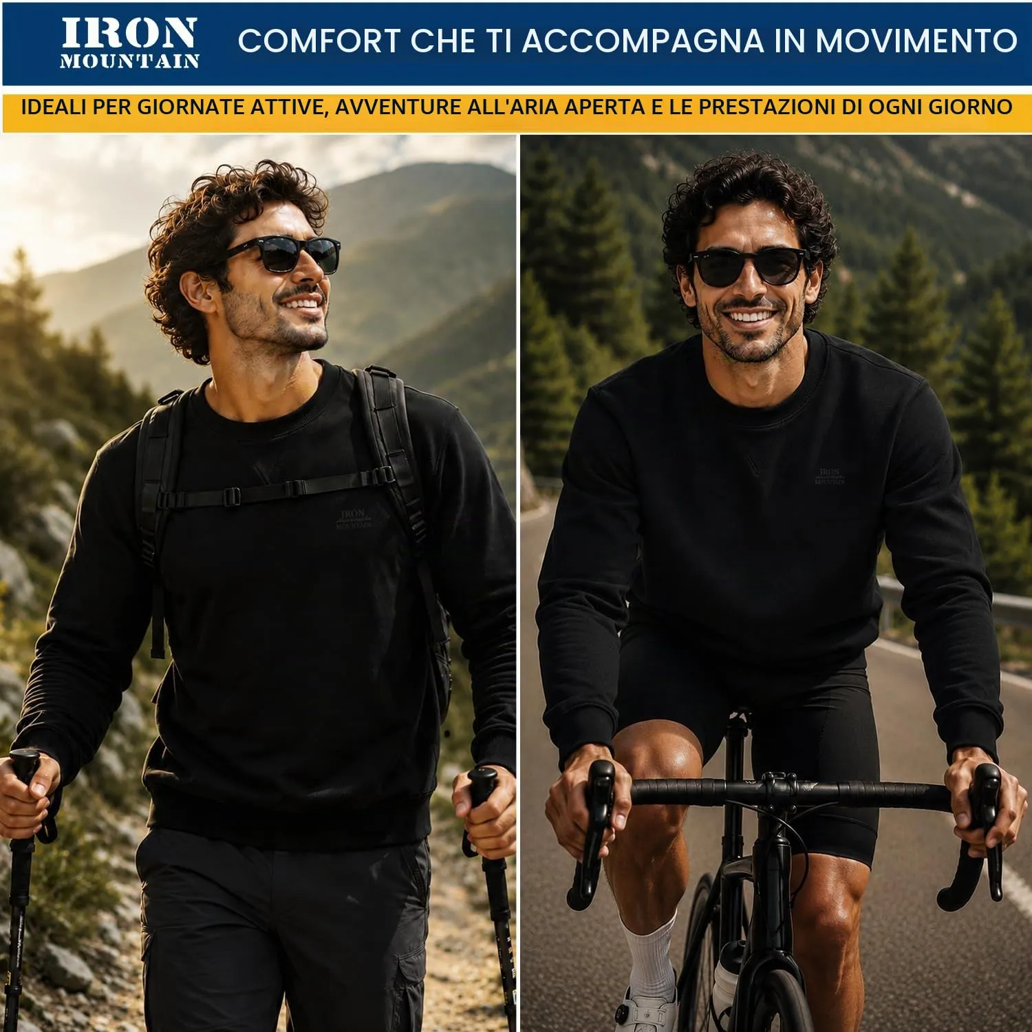 Iron Mountain Felpa Uomo Girocollo Fleece in Cotone, Nero, S - immagine 2