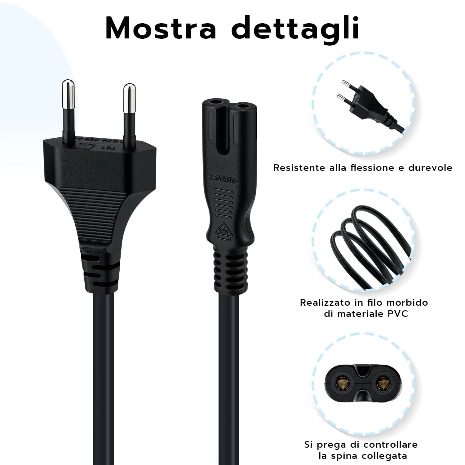 Mcbazel Cavo di alimentazione EU Plug C7 Bipolare 1,5m per PS5, PS4, PS3, Xbox Serie X/S - Nero - immagine 5