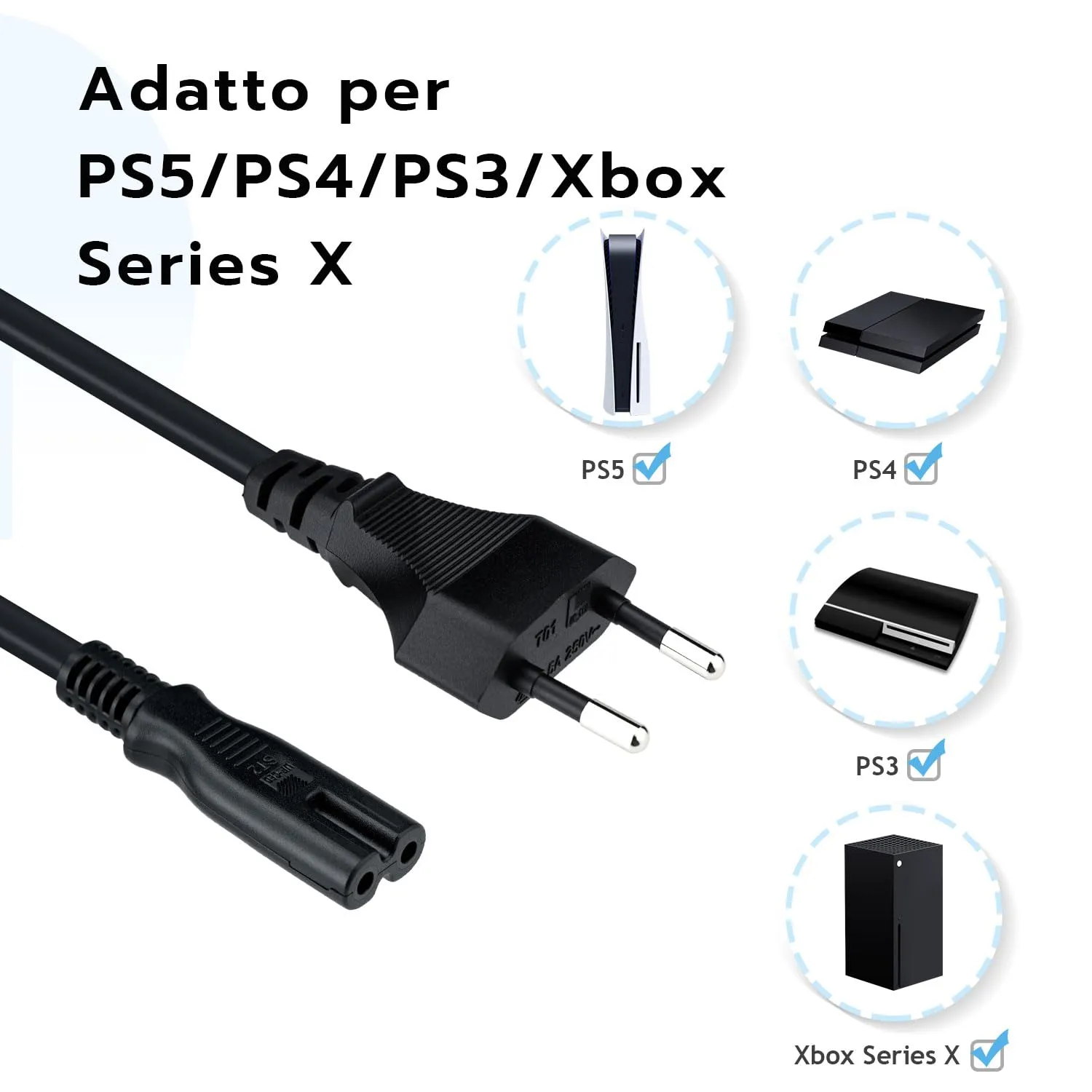 Mcbazel Cavo di alimentazione EU Plug C7 Bipolare 1,5m per PS5, PS4, PS3, Xbox Serie X/S - Nero - immagine 7