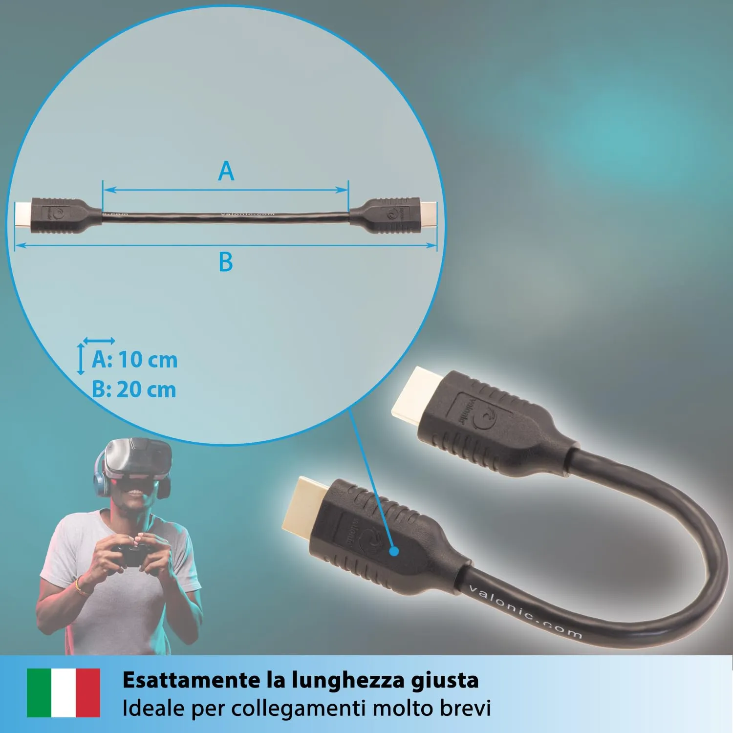 valonic Cavo HDMI 2.0, 20 cm, 4K Ultra HD, HDR, ARC, Nero - immagine 2