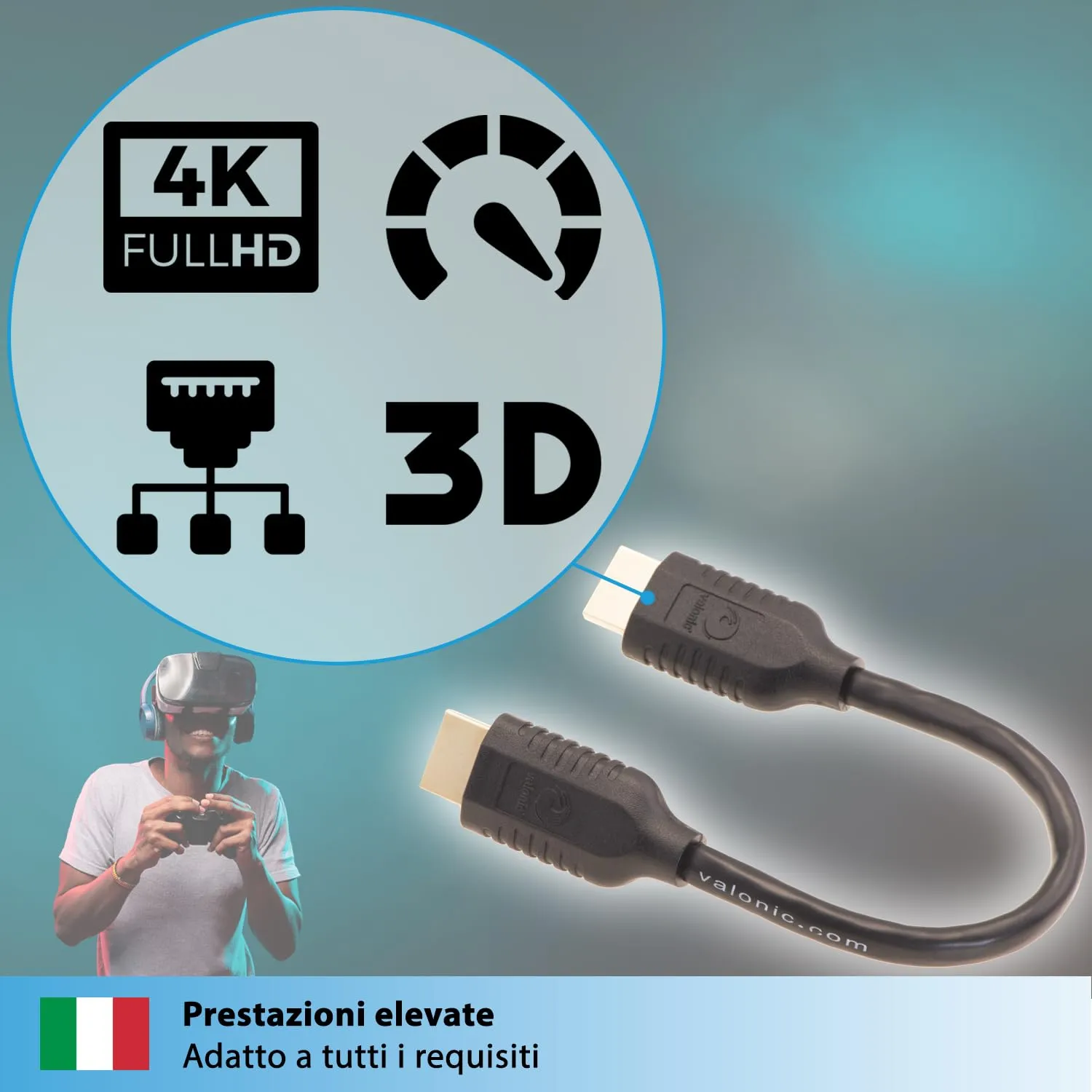 valonic Cavo HDMI 2.0, 20 cm, 4K Ultra HD, HDR, ARC, Nero - immagine 4