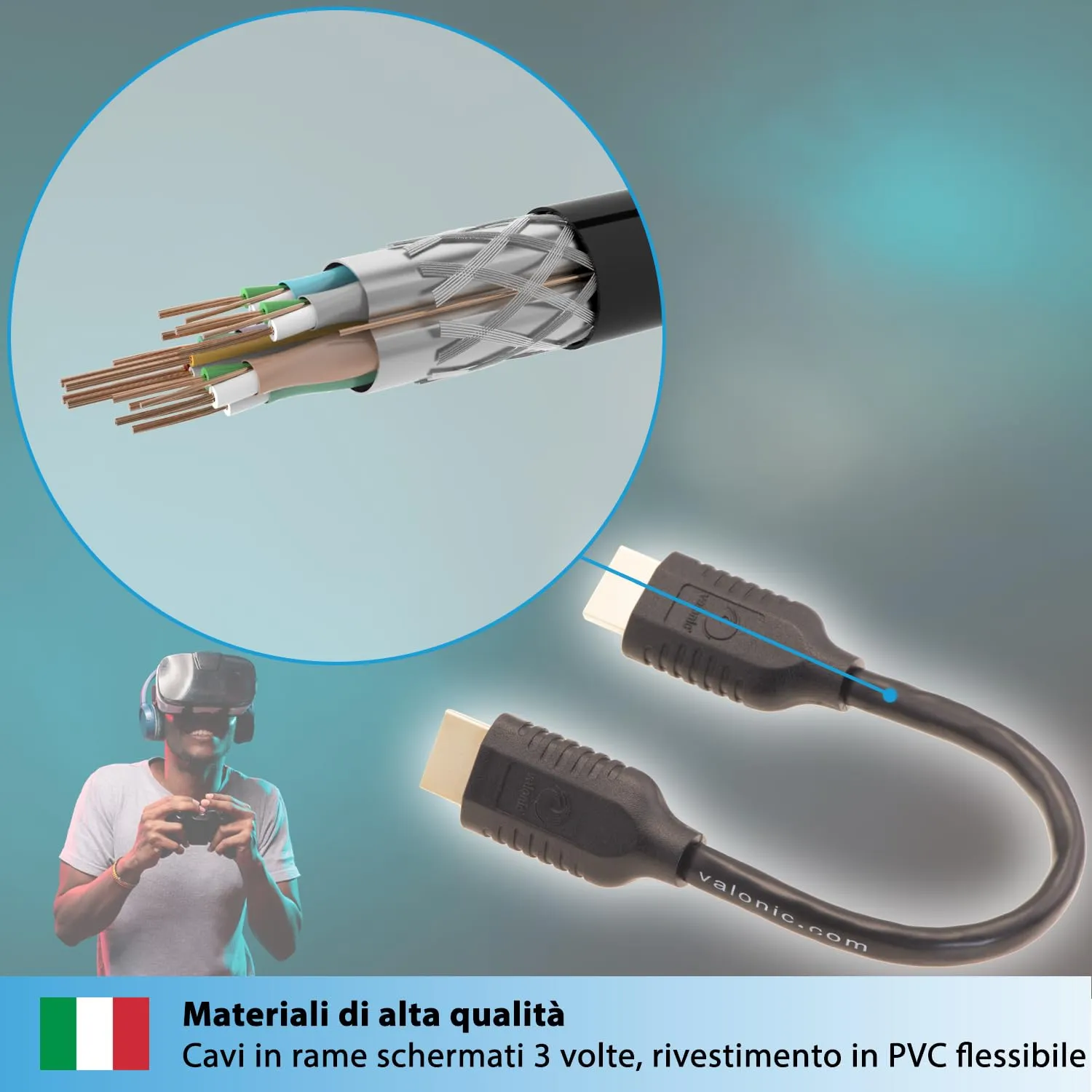valonic Cavo HDMI 2.0, 20 cm, 4K Ultra HD, HDR, ARC, Nero - immagine 5